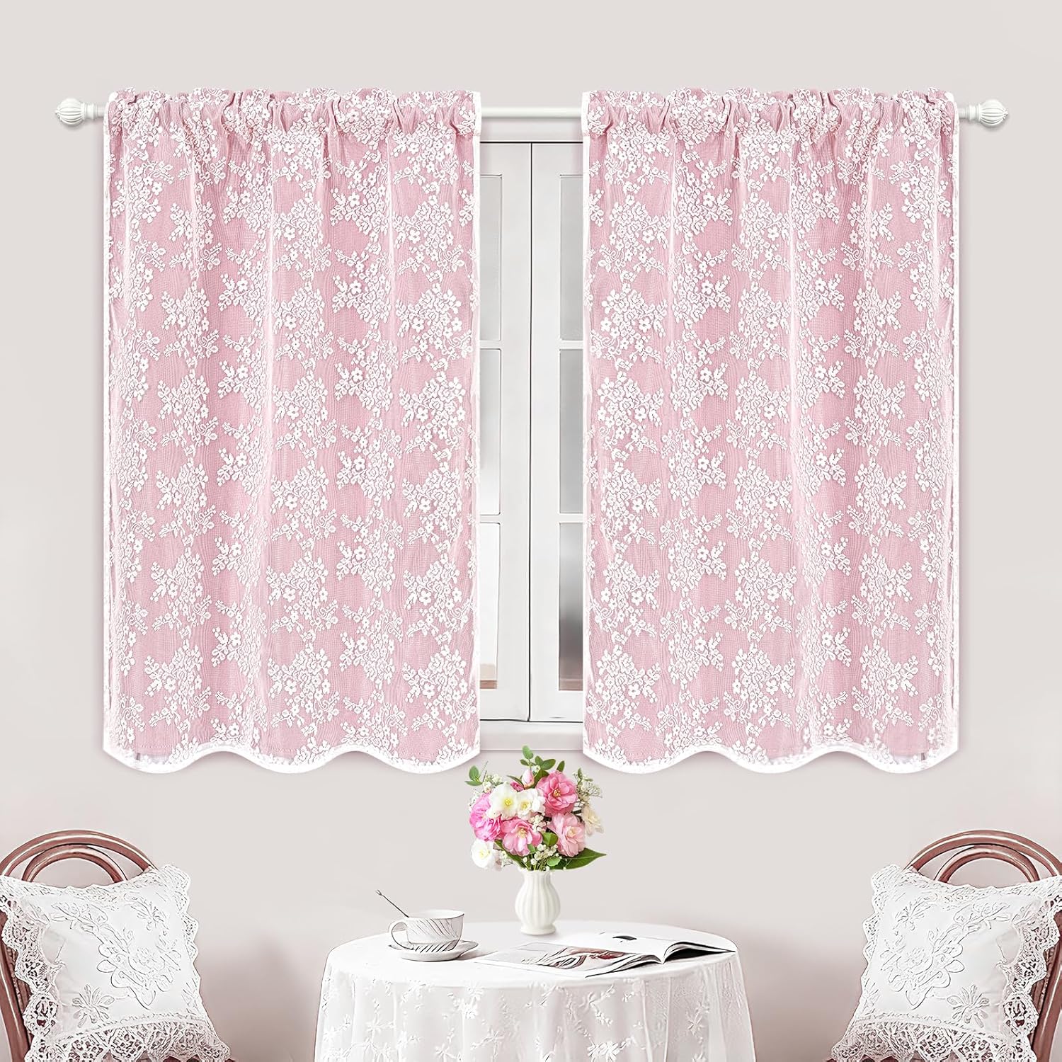 Yinhua Pink Kitchen Curtains 36 Inch Length Double Layer Blackout Cafe Curtains with Floral Sheer Overlay Rod Pocket Short Curtain for Windows, Small Window Curtain for Bathroom, Living Room, 2 Panels