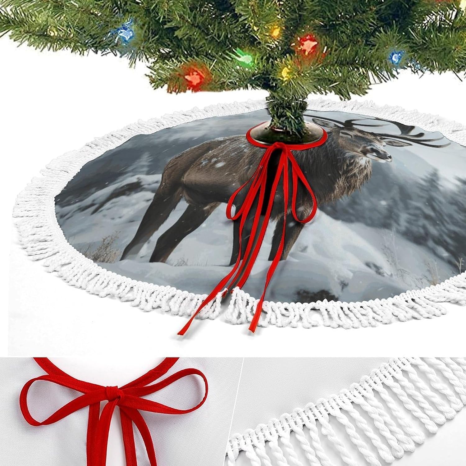 Snow Elk Christmas Tree Skirt with Tassels Winter Holiday Tree Mat Decoration Xmas Tree Skirts Christmas Ornament for Home Seasonal Decor