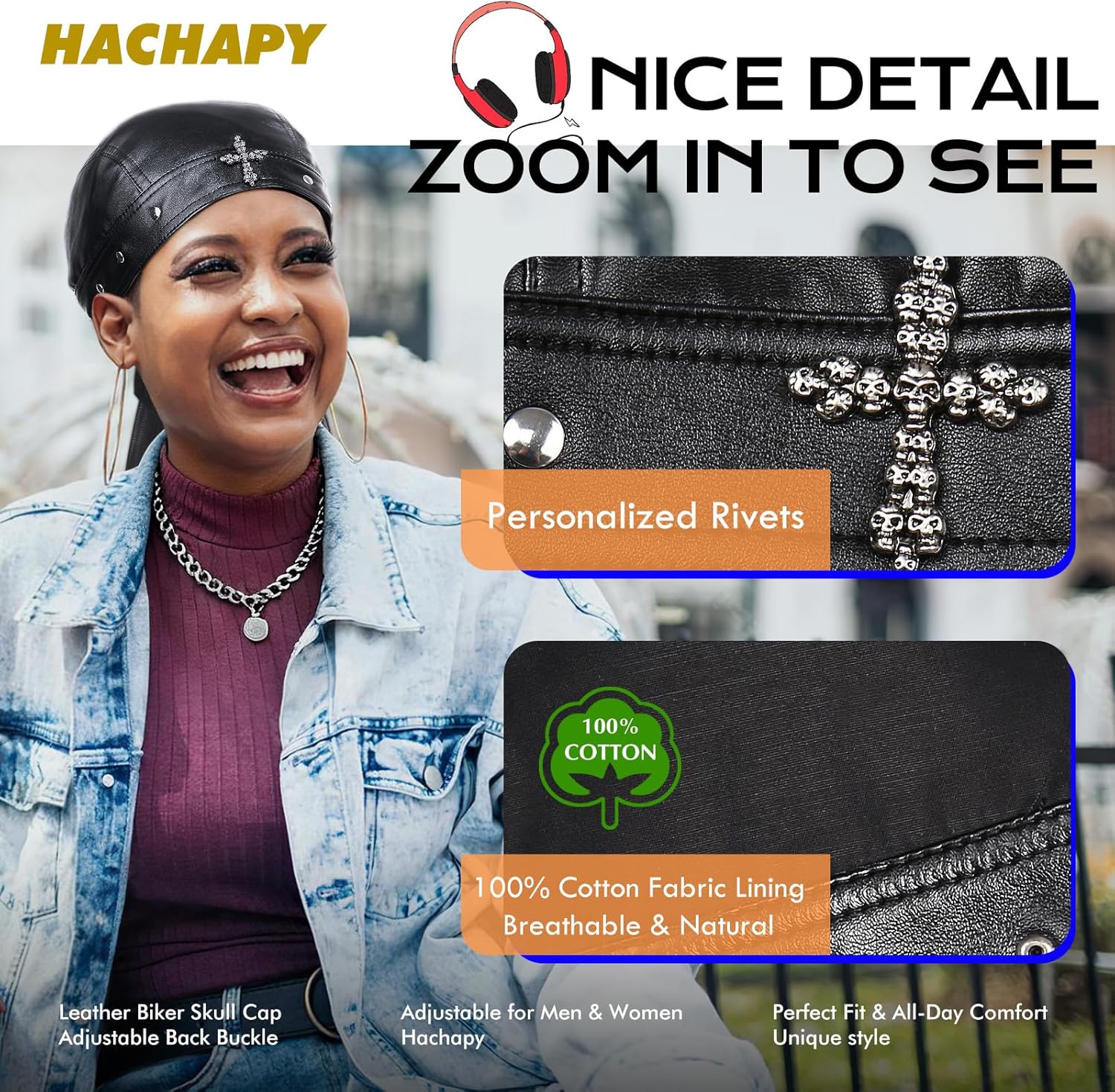 Biker Cap for Women Leather - Adjustable Motorcycle Skull Cap with Snug Fit, Stylish Biker Doo Rag Headwrap for Riding & Outdoor Activities - Image 5