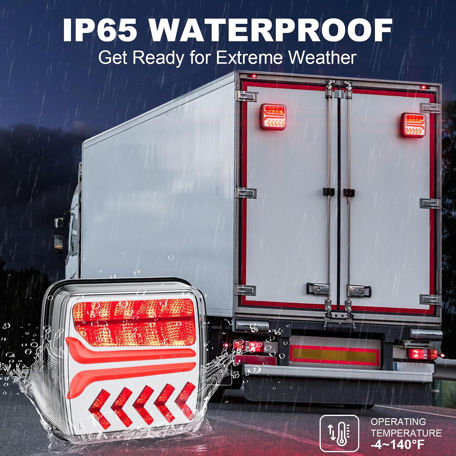 Wireless trailer lights being splashed with water, demonstrating their IP65 waterproof rating.