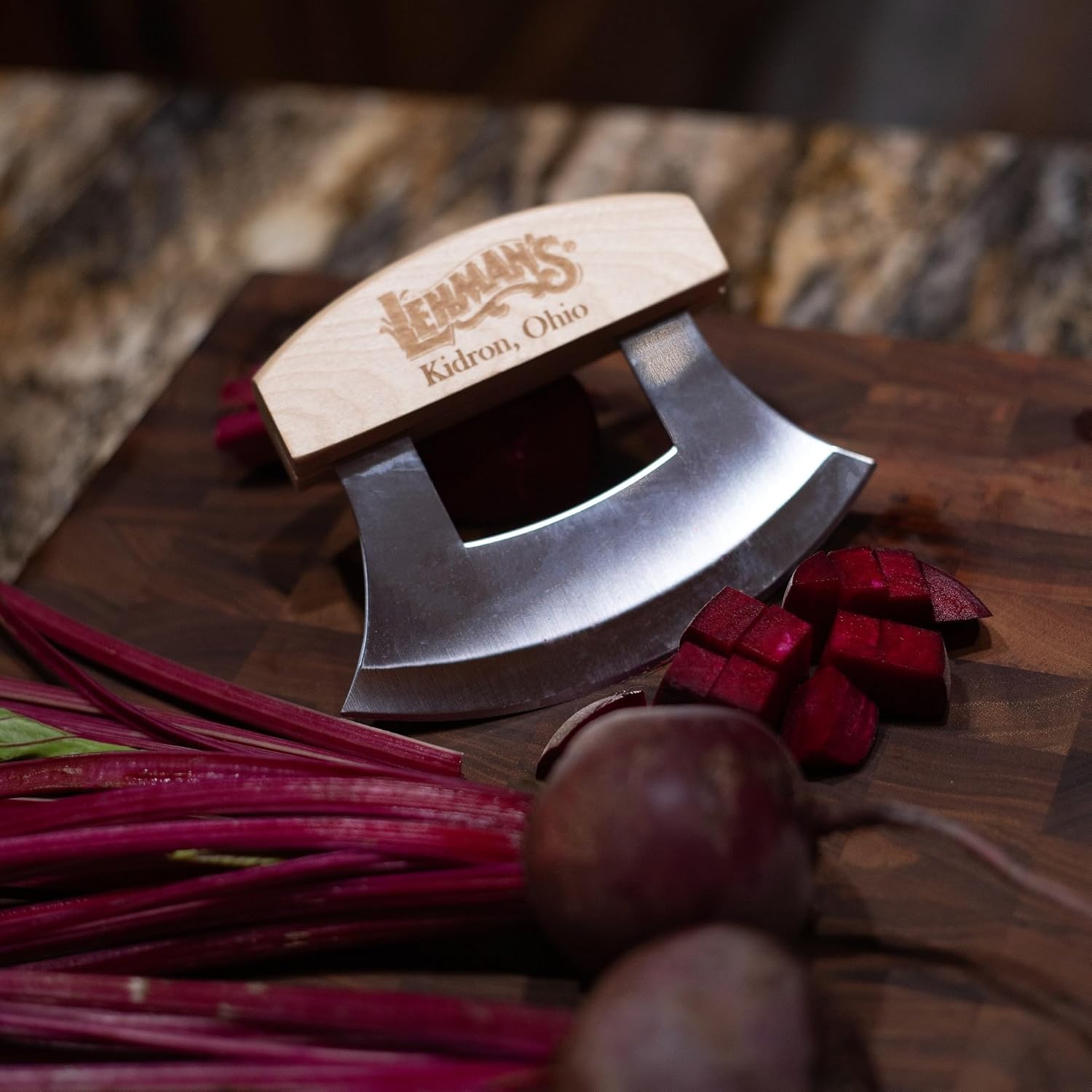Lehman's ULU Knife and Chopping Bowl, Curved Stainless Steel Rocker Knife Chops and Minces Salad, Vegetables and Herbs, Comes with Hardwood Chopping Bowl Cutting Board