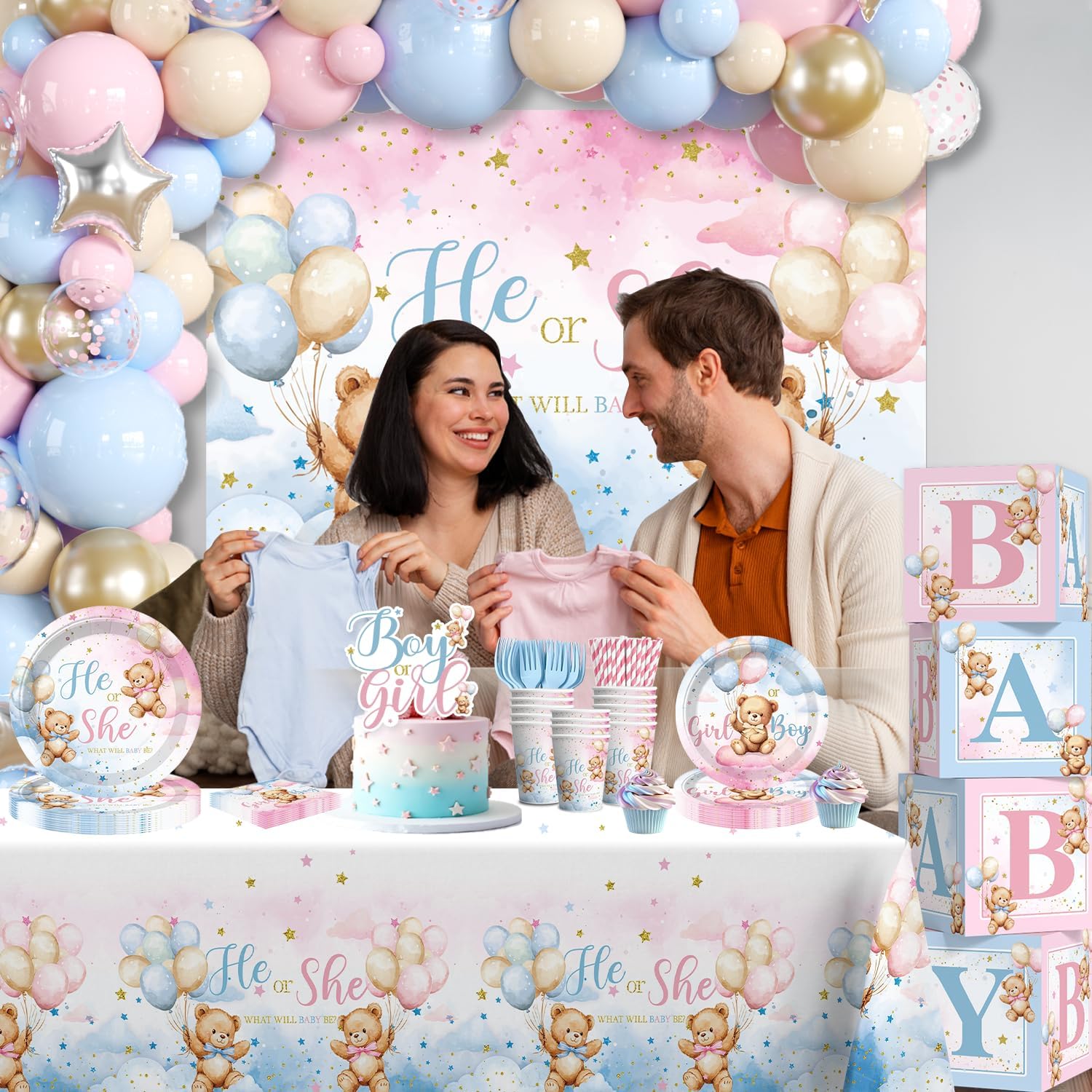 cocomigo 232pcs Bear Gender Reveal Decorations Complete Party Set, He or She Baby Gender Reveal Decorations, Boy or Girl Bear Theme Party Supplies, Serves 20 Guests