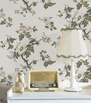 CiCiwind 16"x393.7" Floral Wallpaper Removable Self Adhesive Peel and Stick Wallpaper Flower Birds Contact Paper for Cabinets Living Room Decoral Walls Covering Cute Brown Bird Decoral Pattern