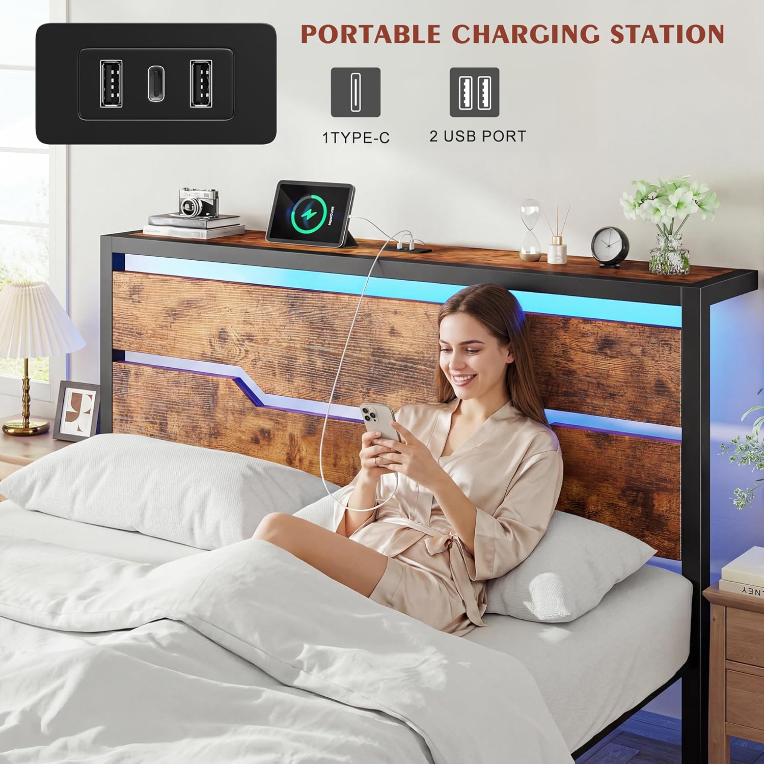 Integrated USB and USB-C charging station on Homkdom bed frame headboard