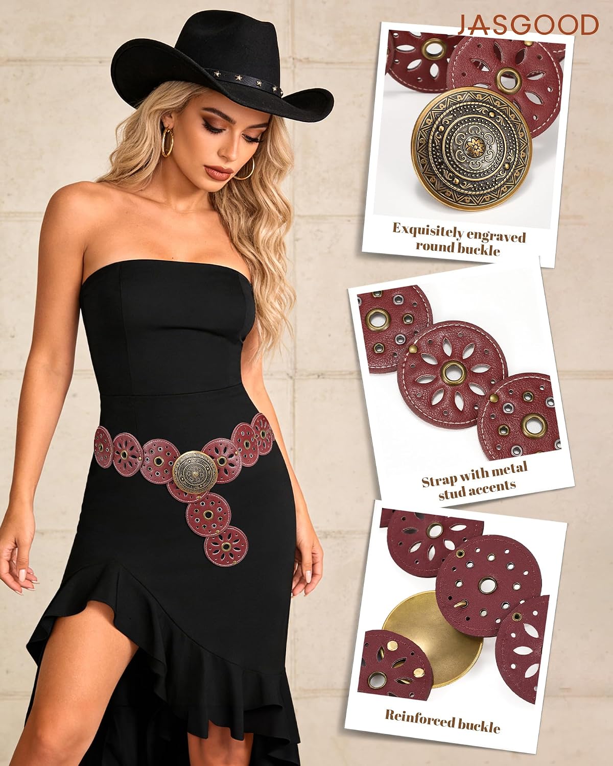 JASGOOD Women's Western Cowgirl Disc Belt, Vintage Country Leather Waist Band for Jeans & Dresses, Boho Concho Belt image 5