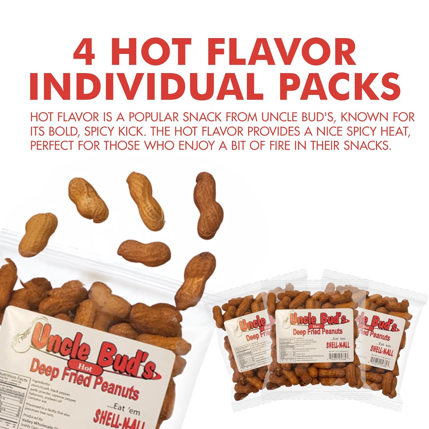 Uncle Bud's Deep Fried Peanuts In Shell (4-Pack) | Premium Flavor Hot Peanuts | Crunchy & High Protein Spicy and Hot Nuts | Ideal Peanut Snacks for Gatherings, Camping & Road Trips | USA Made