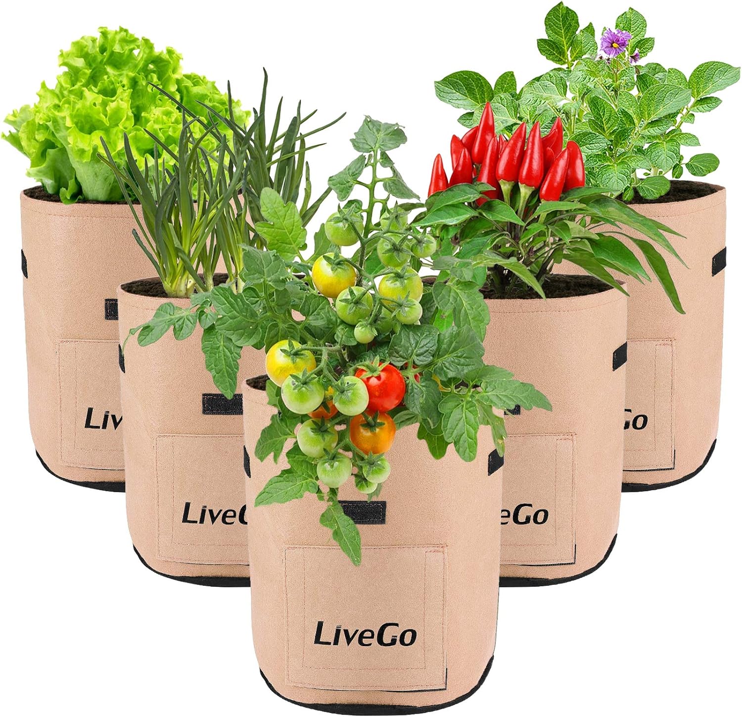 LiveGo Potato Grow Bag, 5 Pack 7Gallon Garden Planter Bags Garden