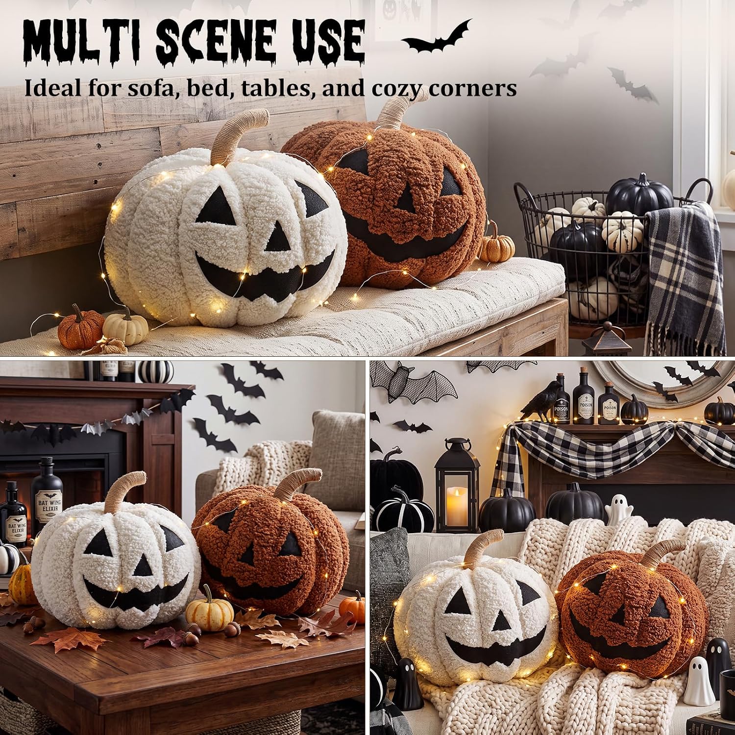 2pcs Fall Halloween 3D Pumpkin Throw Pillows Sherpa Stuffed Pumpkin Decor