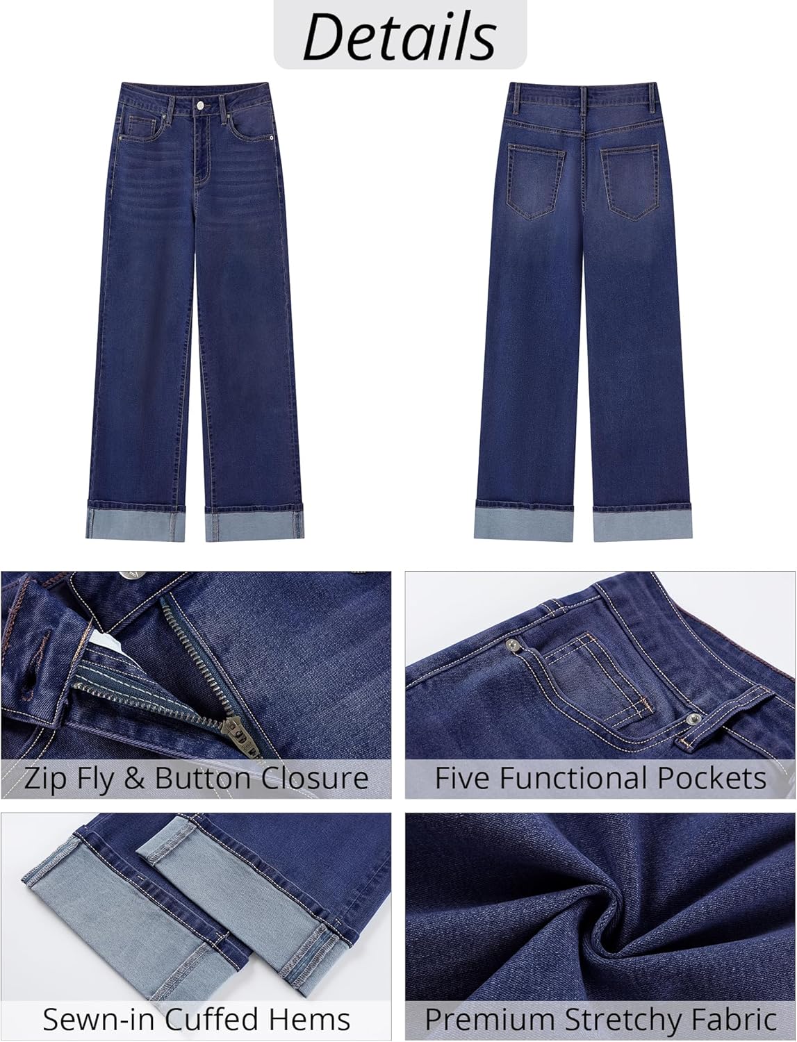 GRAPENT Wide Leg Jeans for Women Trendy High Waisted Cuffed Hem Stretchy Denim Trousers Pants Work Casual Jeans - Image 6