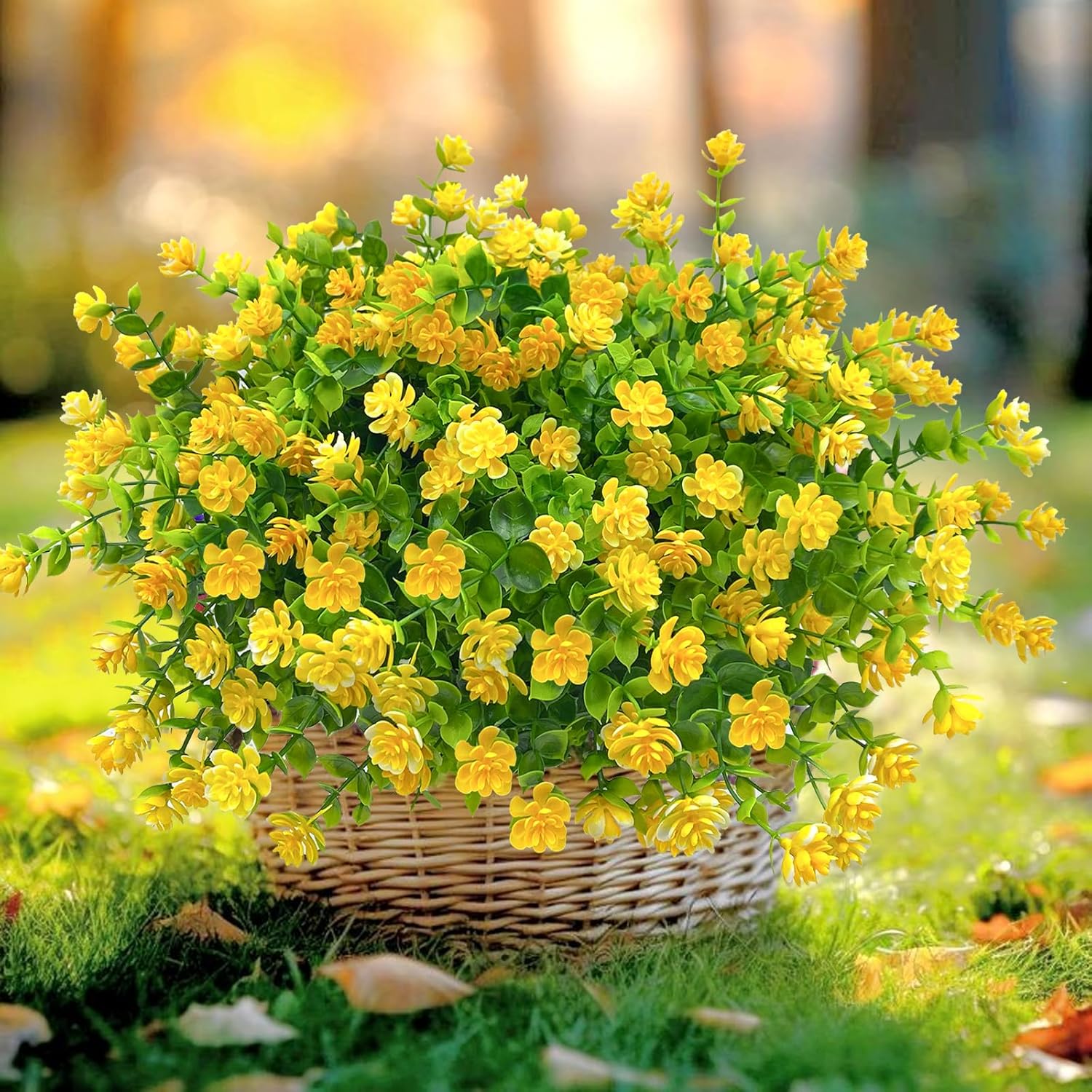 10 Bundles Artificial Fall Flowers for Outdoors,UV Resistant Fake Plastic Plants Artificial Shrubs Spring Flowers Decor of Vase and Outside Window Box, Ferns Plants for Planter-Yellow