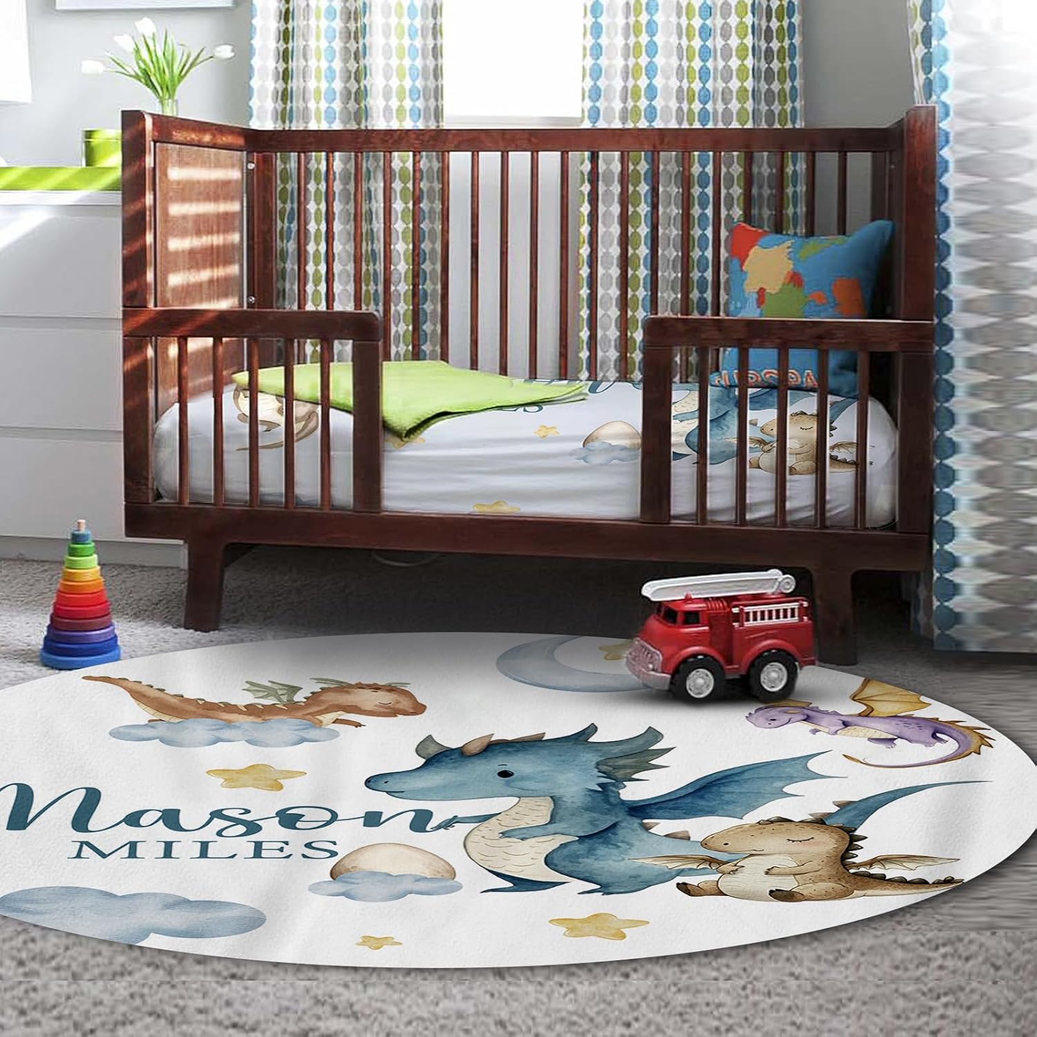 Custom Baby Crib Bedding Set, 5 Pcs Personalized Name Baby Crib Sheets for Kid Toddler Infant, Blue Dinosaurs Nursery Bedding Set