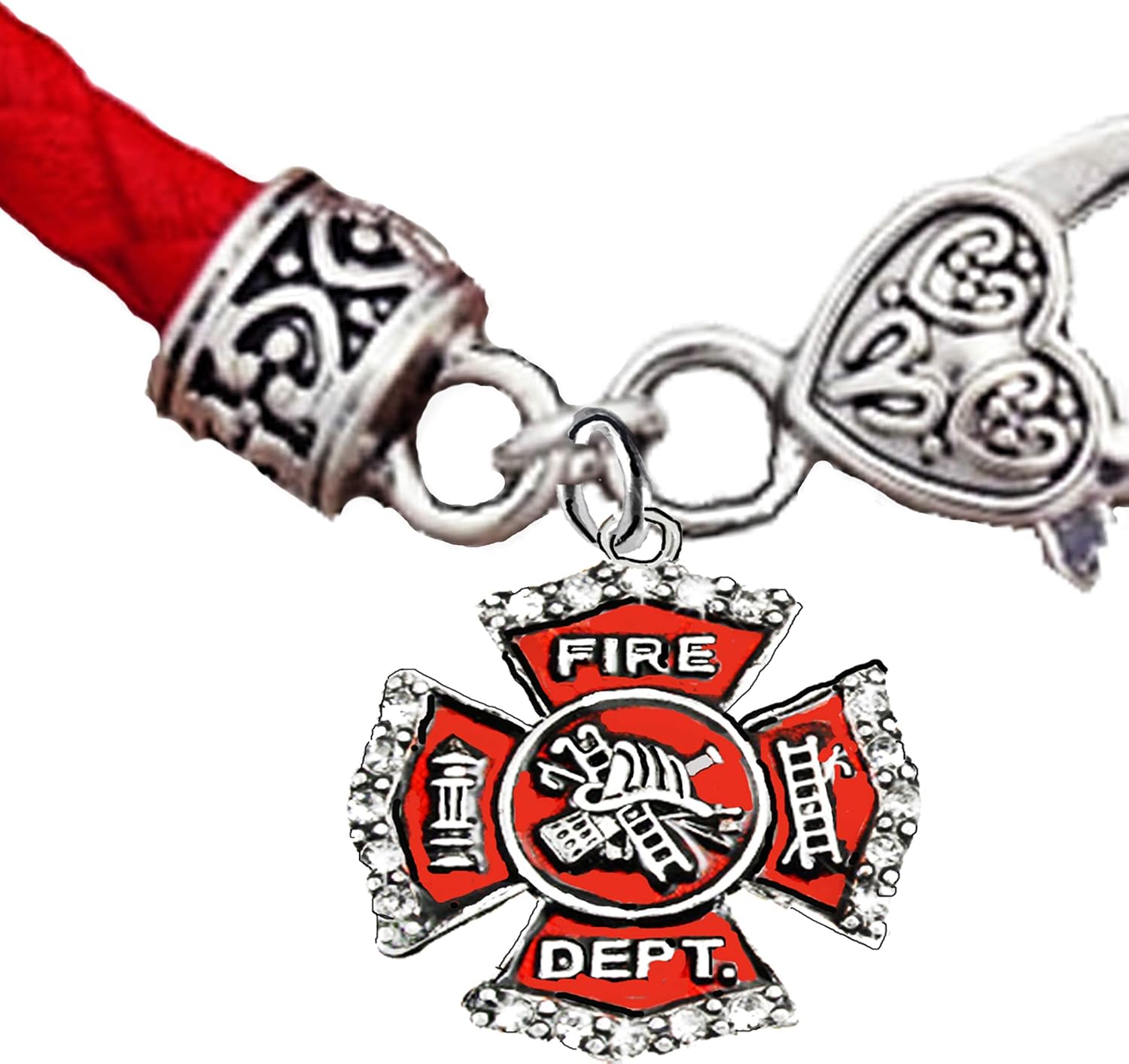 Cardinali Jewelry Firefighter, On A Red Woven Leather Hypoallergenic Bracelet, Nickel, Lead, And Poisonous Cadmium Free