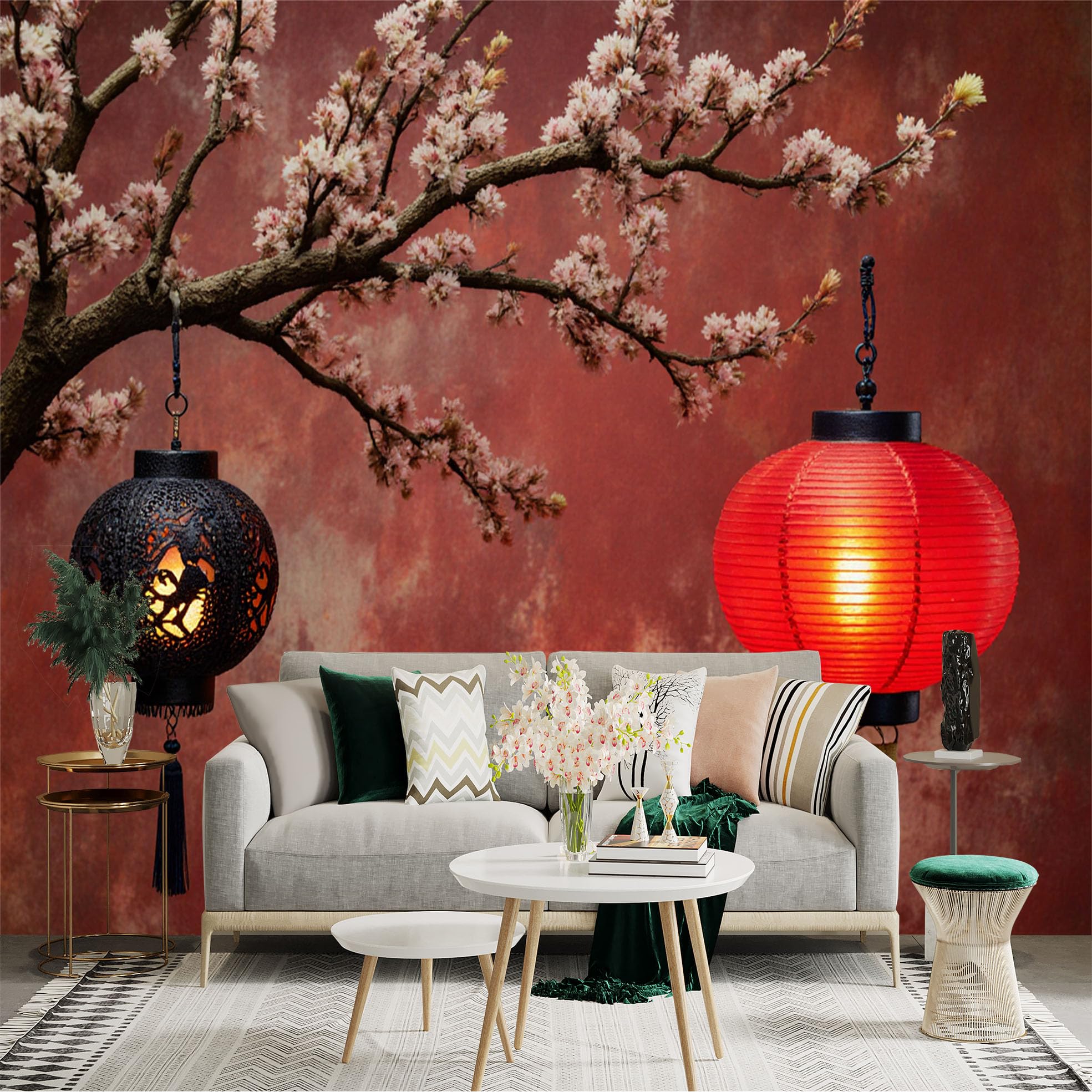 Custom Size Wall Sticker Mural， Red Lanterns and Cherry Blossom Branch on Rustic Background， for wall Decoration， peelandstick wall Decals.