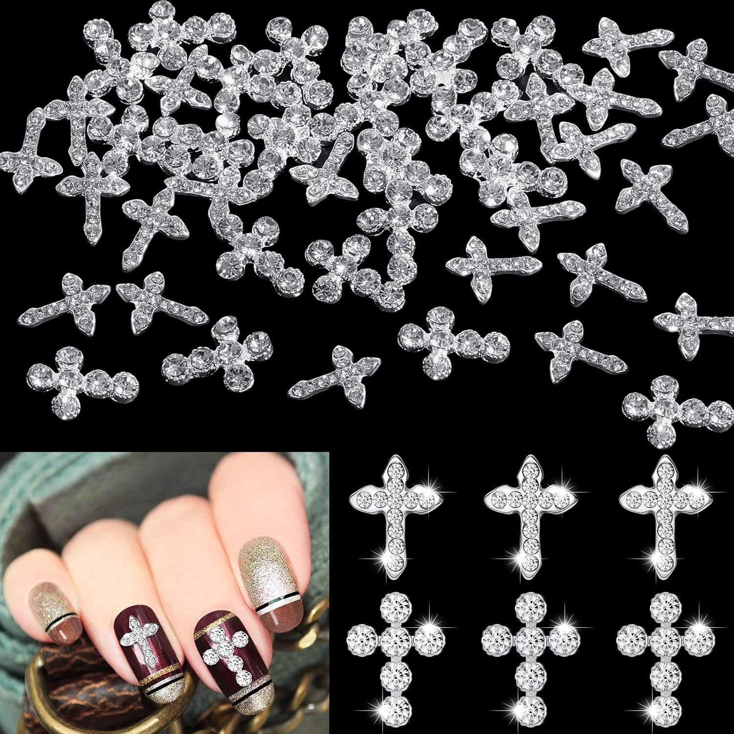 Amazon.com: Nuanchu 40 Pcs Cross Nail Charm 3D Nails Art Tips ...