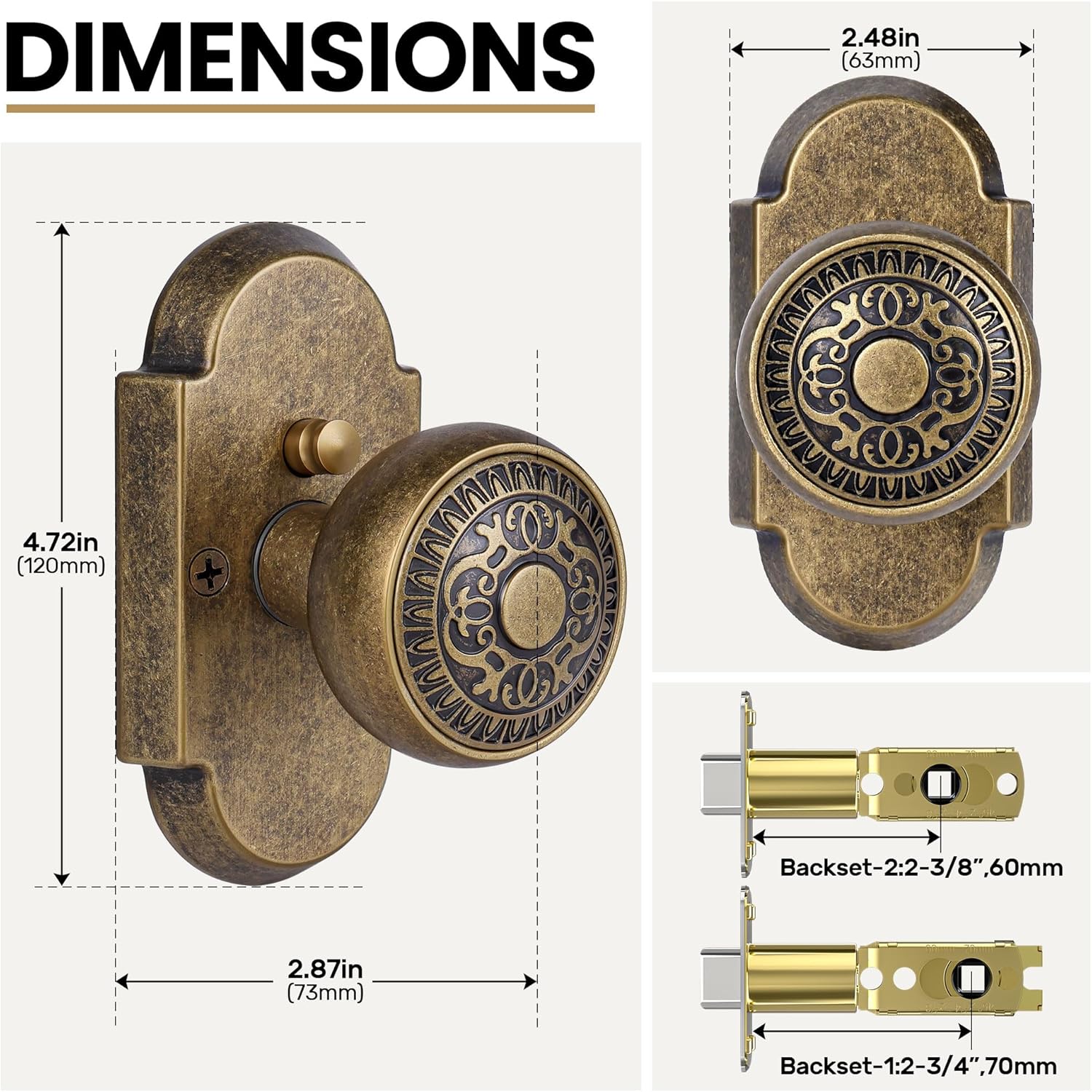 Antique Brass Door Knobs Privacy Door Knobs Interior with Push-Button, Vintage Door Knob with Lock for Bedroom and Bathroom, Zinc Alloy, 1 Pack