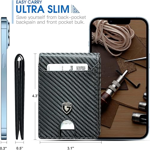 Miniatura 3 de GSOIAX Billetera delgada para hombre con bloqueo RFID, carteras plegables para hombre, minimalista, cuero auténtico, fibra de carbono, clip para