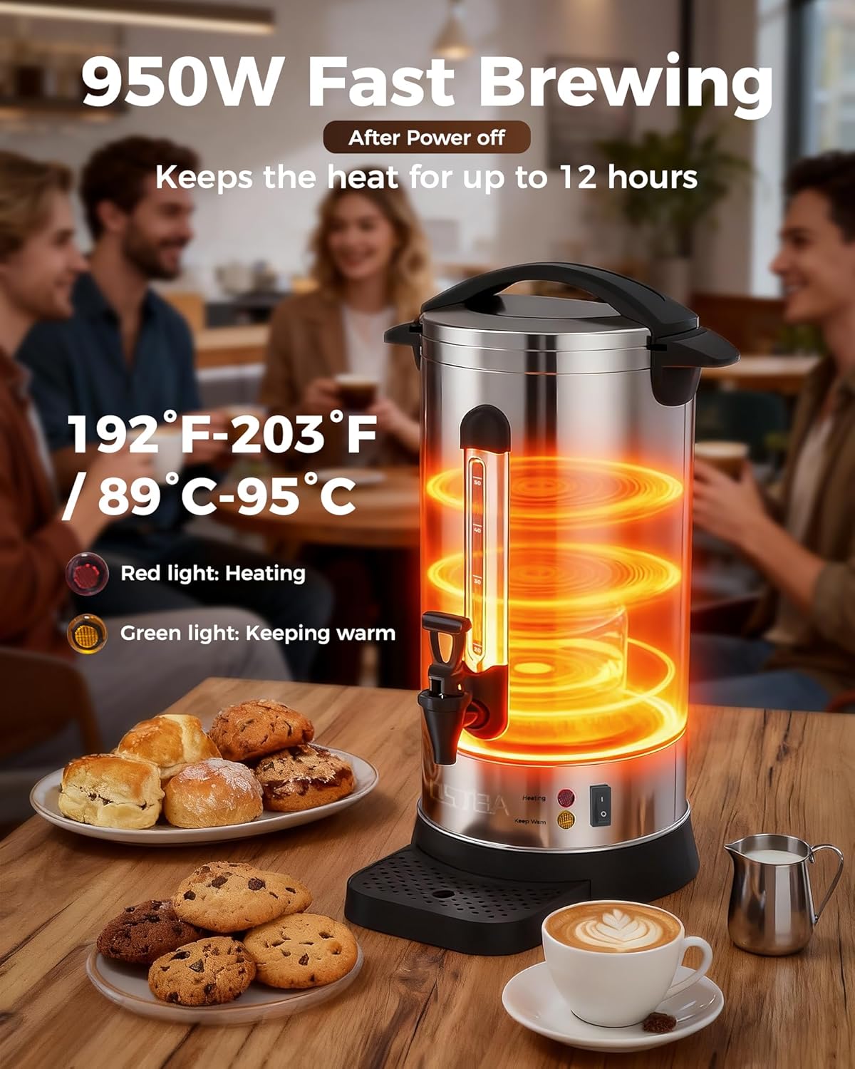 OSTBA 950W Commercial Coffee Urn 50 Cup / 8.3L 304 Stainless Steel Percolator Coffee Pot, Double-Wall Hot Water Dispenser Electric Coffee Maker Fast Brewing for Home, Office, Catering & Small Events - Image 2