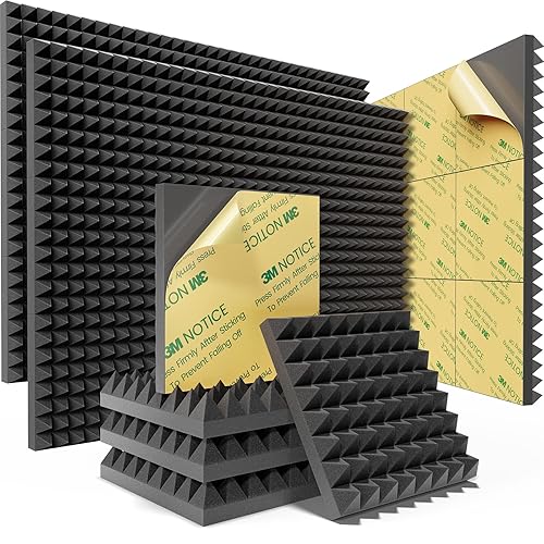 Sonicism Sound Proof Foam Panels for walls Self-Adhesive 24 Pack Pyramid 12" X 12" X 2" Acoustic Panels 35kg/m³High Density,Soundproof Wall Panels Fast Expand,Sound Absorption and Decoration,Black - 2 Inch 24 Pack Self-Adhesive - Black