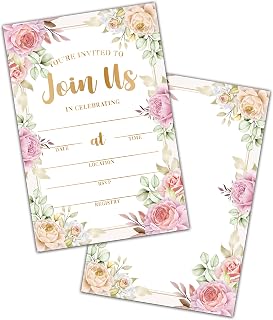 Pink Floral Bridal Shower Invitations, Bridal Shower Invites Cards for Engagement Party, Wedding Party, Set of 25 Invitations & 25 Envelopes (A04)