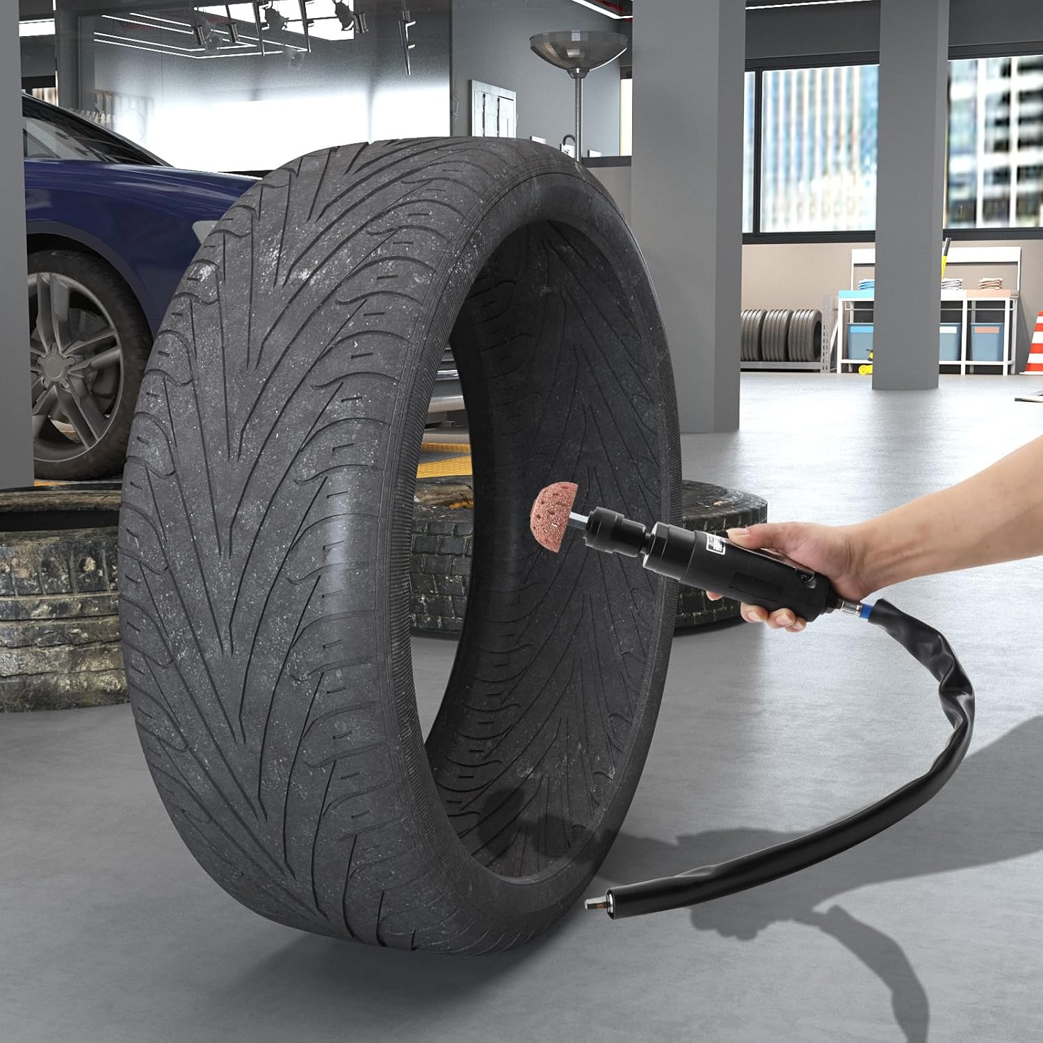 2500rpm Low Speed Air Tire Buffer, 35mm Pneumatic Buffing Tool with Whip Hose, Variable Speed Tire Grinder for Inner Liner Cleaning, Reaming and Drilling