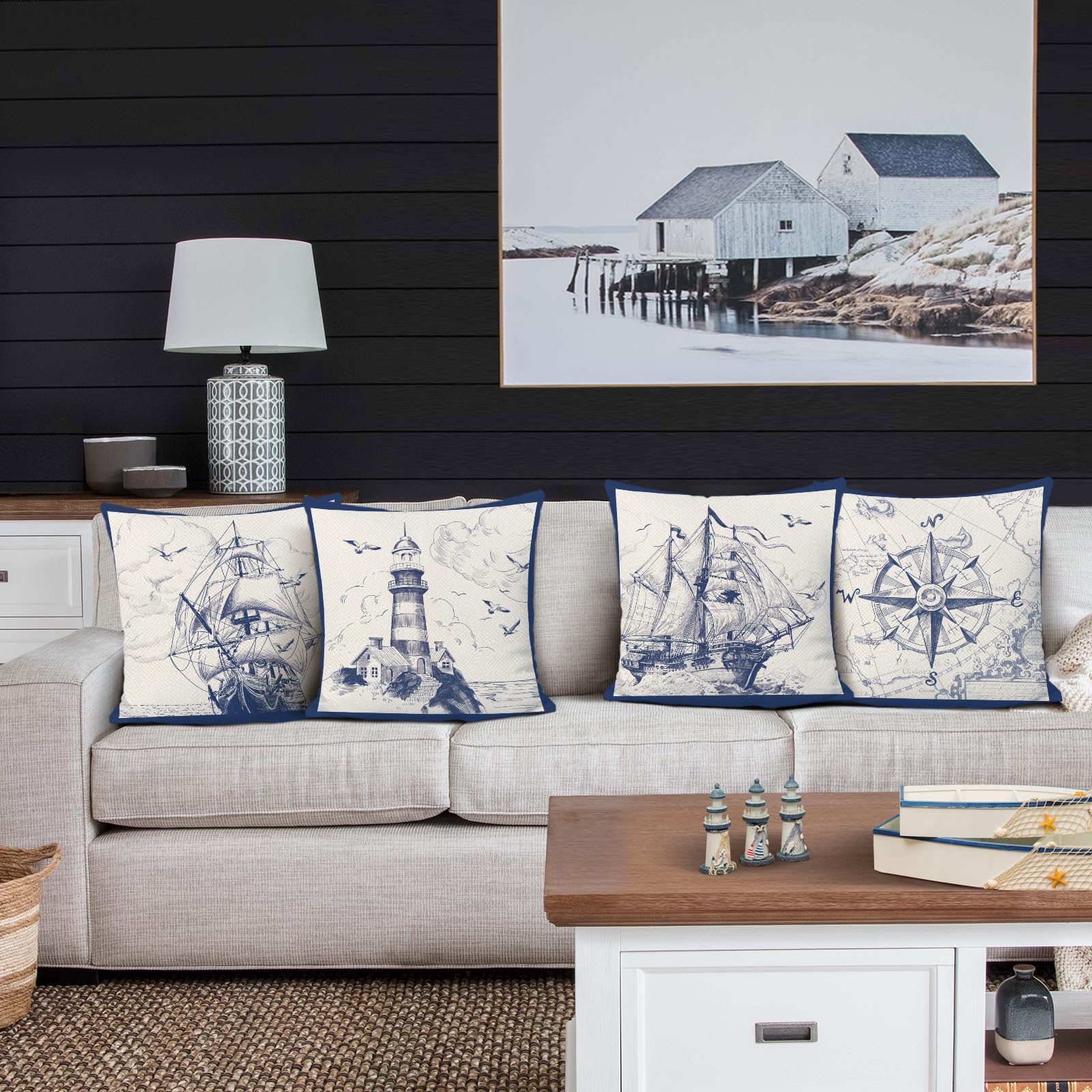 Bonhause Nautical Sailing Throw Pillow Covers 18 x 18 Inch Set of 4 Sailboat Compass Lighthouse Decorative Pillows Case Polyester Linen Cushion Covers for Couch Sofa Bed Home Decor