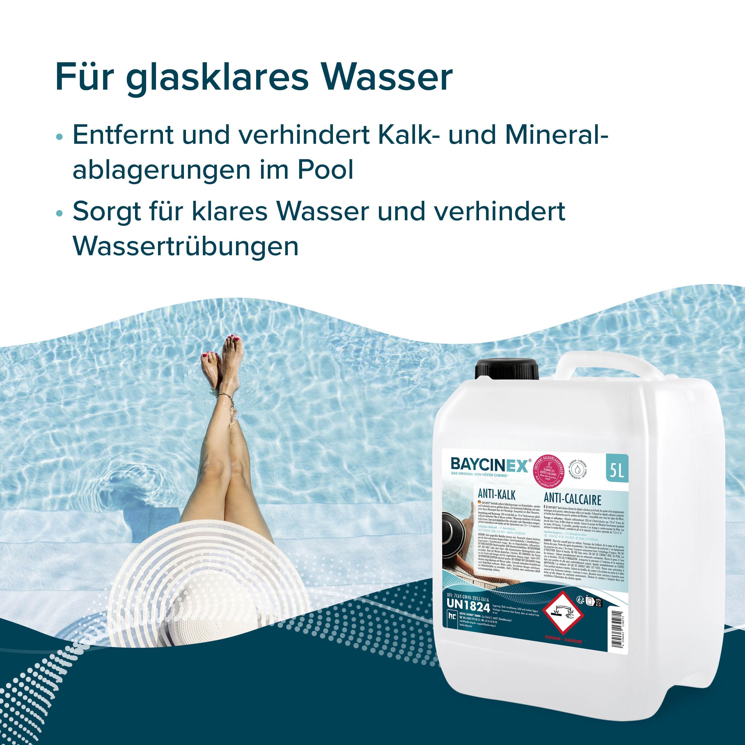 BAYCINEX Anti-Kalk Pool 5 L – Starker Pool Entkalker gegen Kalkablagerungen – Für Poolboden, Wände & Technik – Entfernt Kalk im gefüllten Pool – Kompatibel mit Allen Filtersystemen
