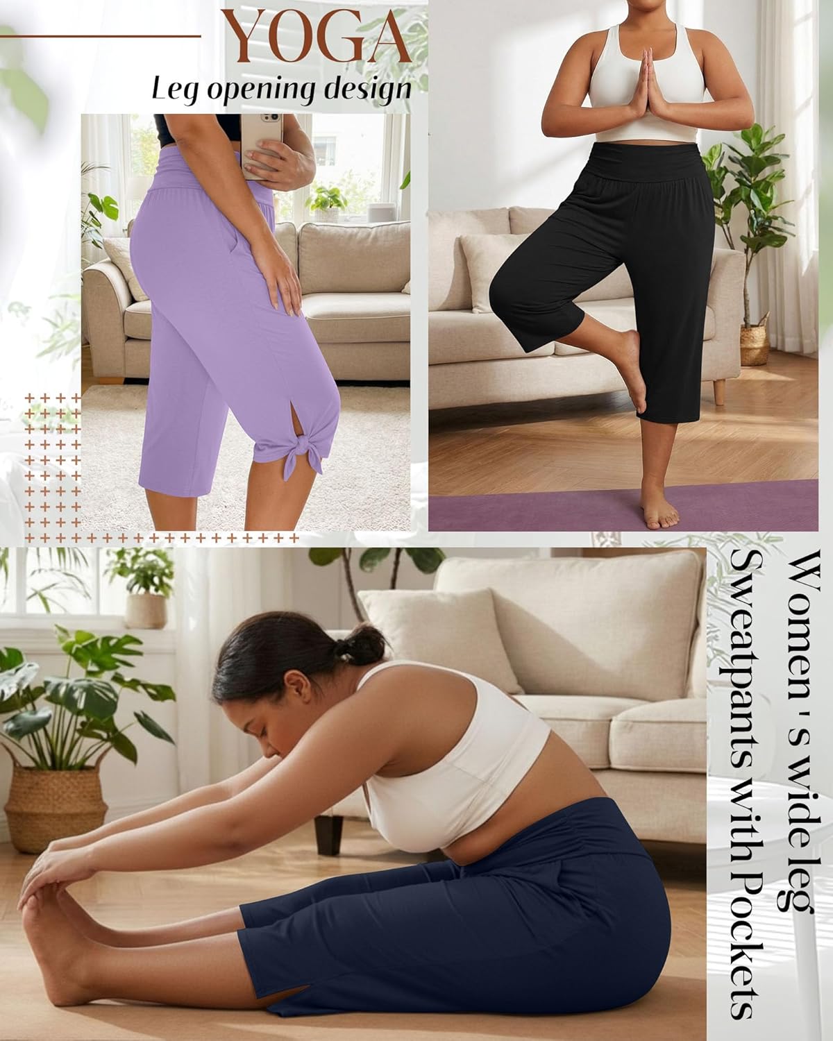 Neer 3 Pack Women's Plus Size Cotton Capri Pants High Waisted Wide Leg Loose Lounge Yoga Cropped Sweatpants with Pockets