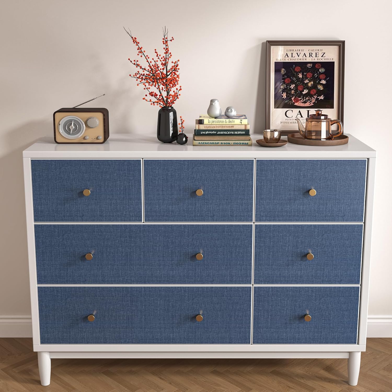 Decotalk Blue Wallpaper Peel and Stick Dark Blue Grasscloth Wallpaper 17.7"x120" Blue Wall Paper Textured Removable Dark Blue Contact Paper for Cabinets Grasscloth Vinyl Wrap