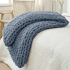 Bigacogo Chunky Knit Throw Blanket for Couch, 40x60 inches, 100% Hand Knitted with Thick Jumbo Chenille Yarn, Cozy Soft Large Rope Knot Cable Crochet Blankets for Sofa Bed Living Room, Cold Sea Blue