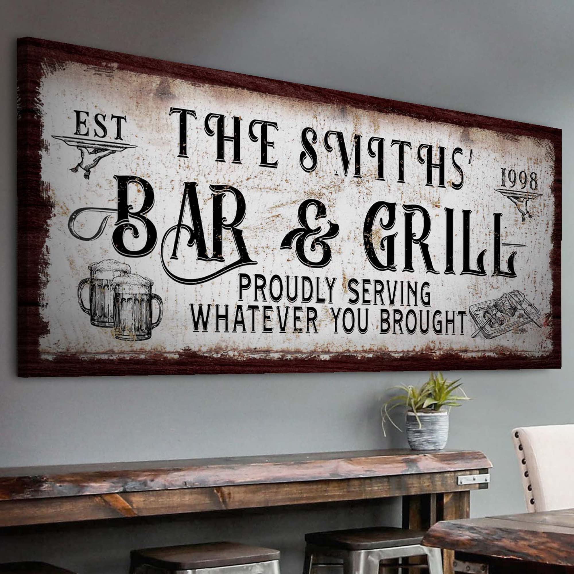 Tailored Canvases Bar Sign Custom Decor - Bar and Grill Proudly Serving Whatever You Brought - Canvas Wall Art Printable Personalized for Man Cave,