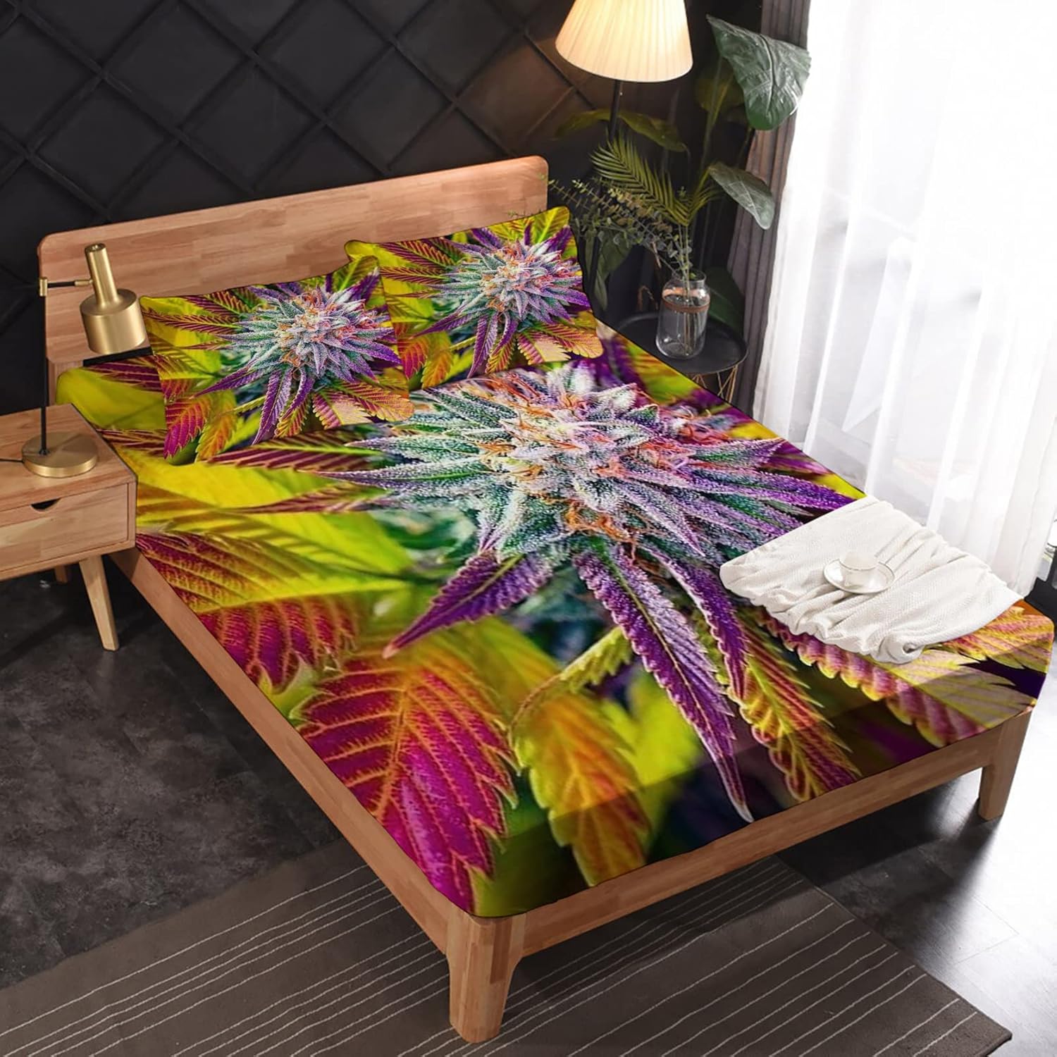 NOGAWA Weed Sheets King Size, Colorful Bed Sheets, Patterned Bedding Sheets & Pillowcases 4 Piece Set - Soft Microfiber Deep Pocket Fitted Sheet & Flat Sheet & 2 Pillow Cases