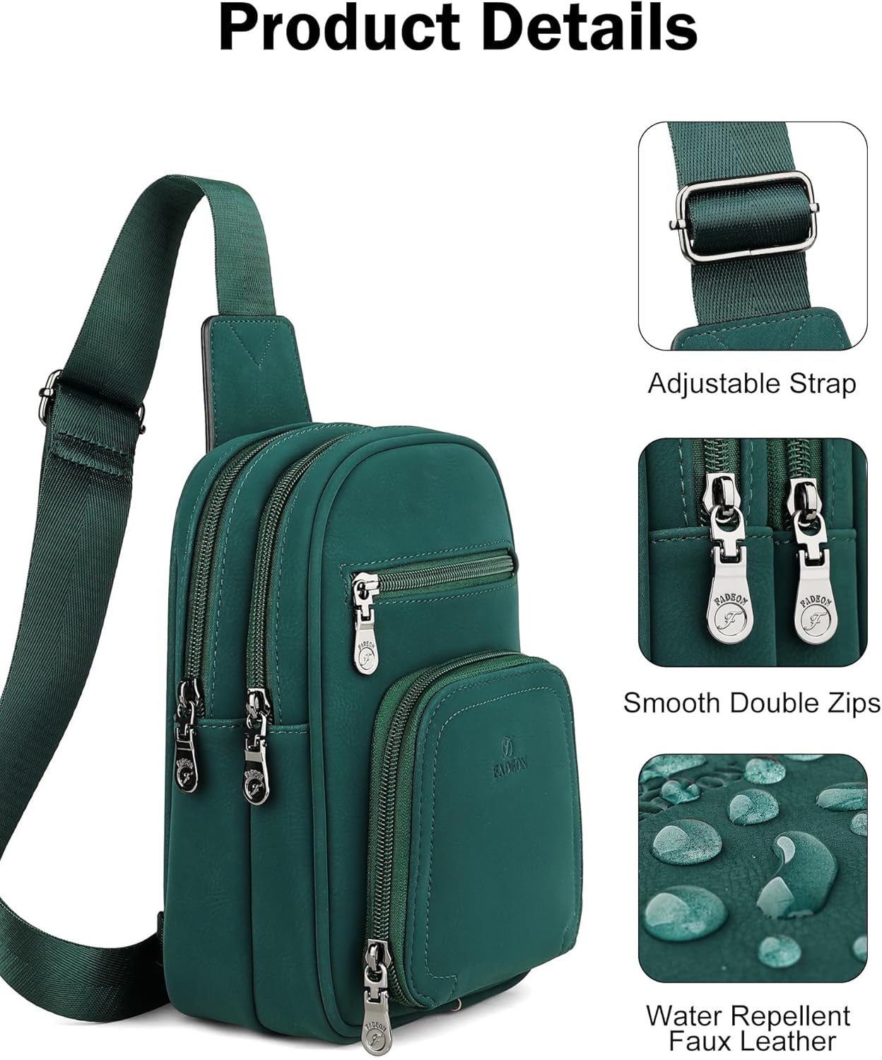 FADEON Women Sling Bags Designer Crossbody Bag, PU Leather Sling Purse Multi-Pocket Packs with Card Slot Beige Green - Image 6