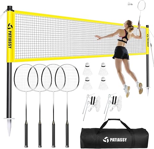 Patiassy Juego de bádminton con 2 volantes de bádminton de plumas de ganso y 4 raquetas de bádminton, red de bádminton portátil profesional para