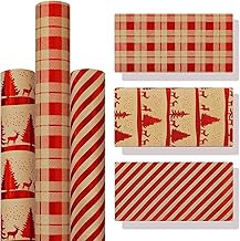 Zindoo Christmas Wrapping Paper Roll, 3 Rolls of Kraft Paper 43 x 300 cm, Red Brown with Reindeer, Checked Pattern & Stripes - Wrapping Paper for Christmas Gifts, Birthday & DIY Decoration