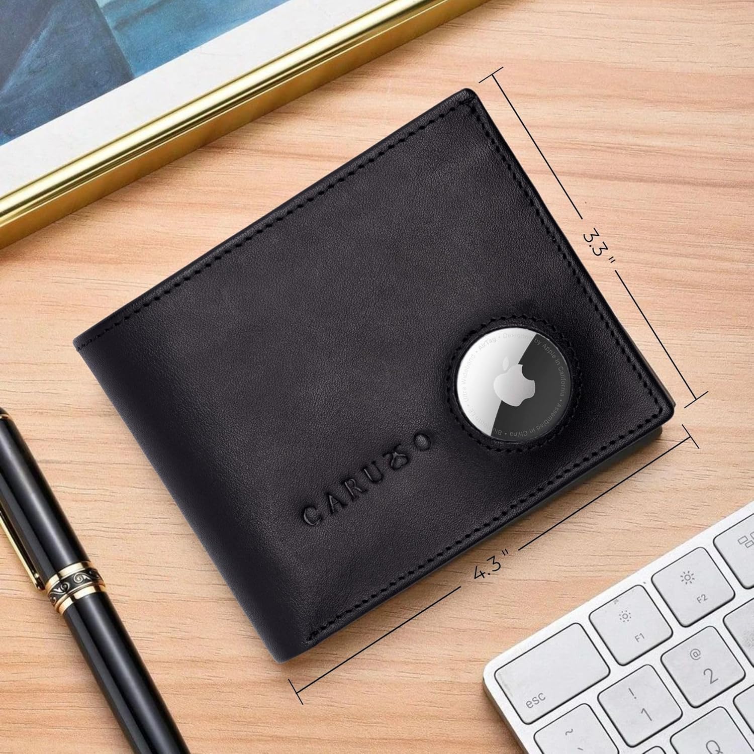CARUSSO Mens Wallet With AirTag Holder | Genuine Leather | RFID Blocking | AirTag Not Included (Black)