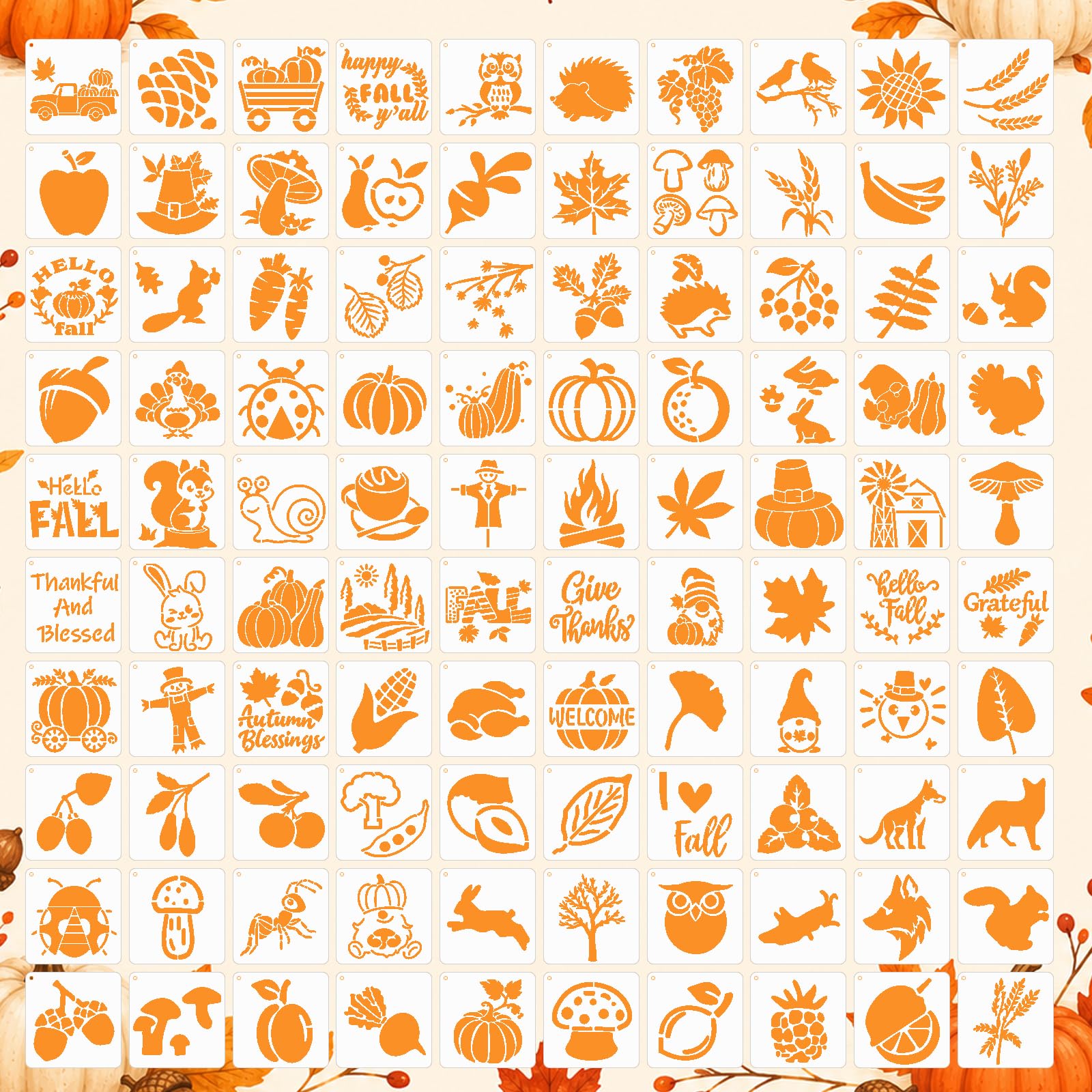 100 PCS 3Inch Fall Stencils for Painting, Reusable Autumn and Thanksgiving Stencils for Crafts, Small Holiday Templates for Wood, Fabric, Walls, Cards and DIY Decorations