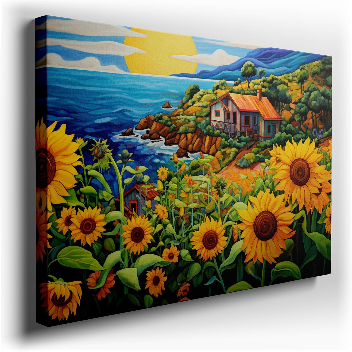 Canvas for Living Room. Seaside Serenity: A Vivid Portrait of Coastal Charm and Blooming Sunflowers, 27 x 18 inch Canvas Wall Art - Contemporary Masterpieces - Botanical Home Decor
