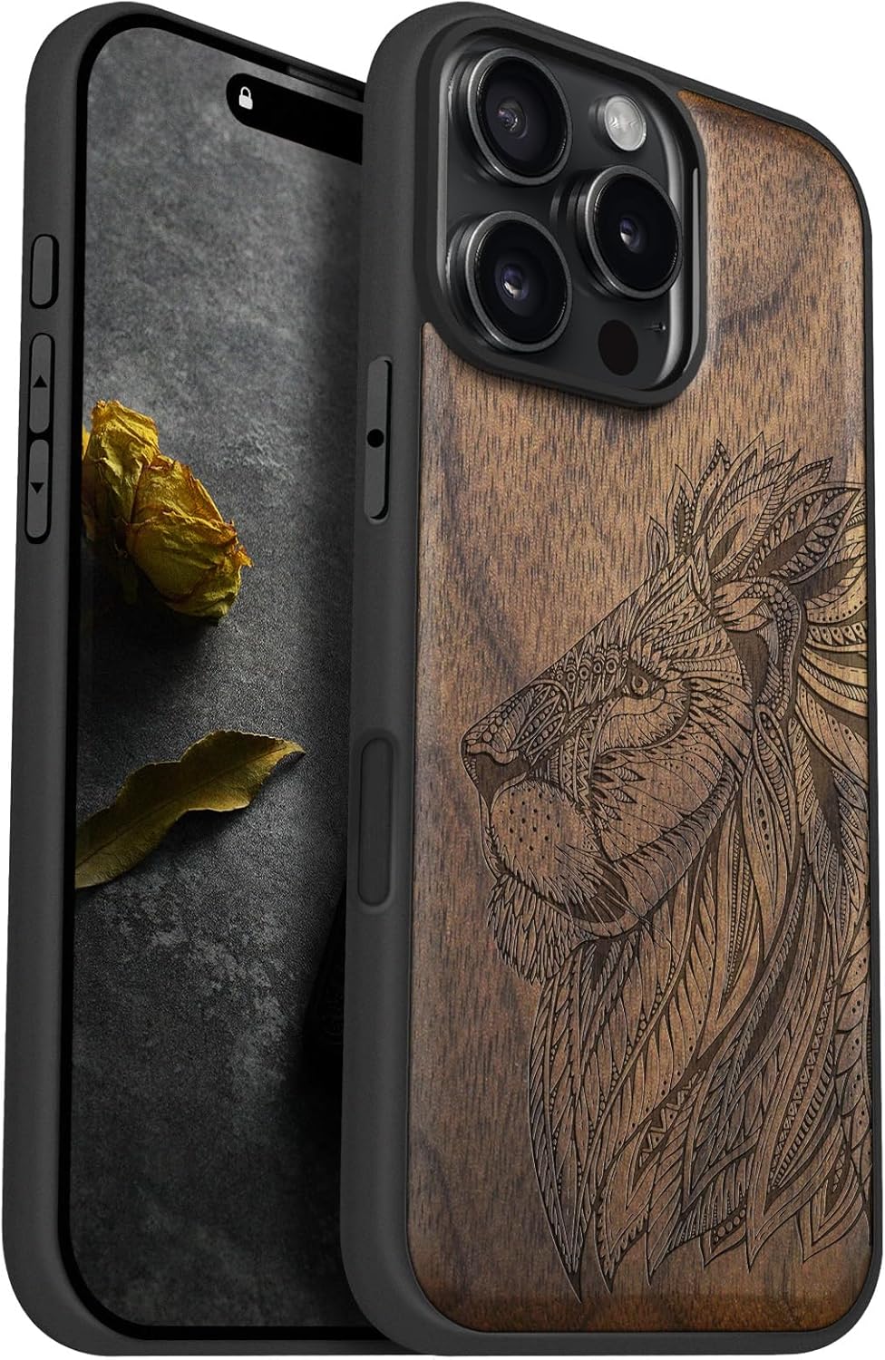 Carveit Magnetic Wooden Case for iPhone 16 Pro Max Case, Wood Artisan Engraved & Black Soft TPU Shockproof Cover, Compatible with MagSafe Wireless Chargers, (Ornate Lion's Head) Walnut
