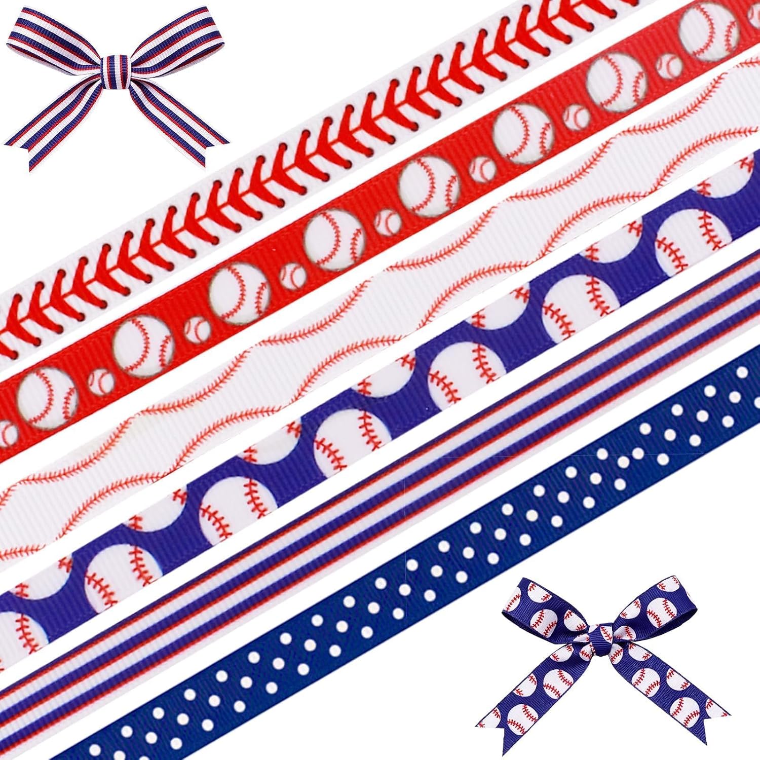 6Rolls Baseball Ribbon 3/8 Inch x 5 Yards Each Sports Grosgrain Ribbons for Hair Bow Team Party Decoration Baseball Gift Wrapping Craft