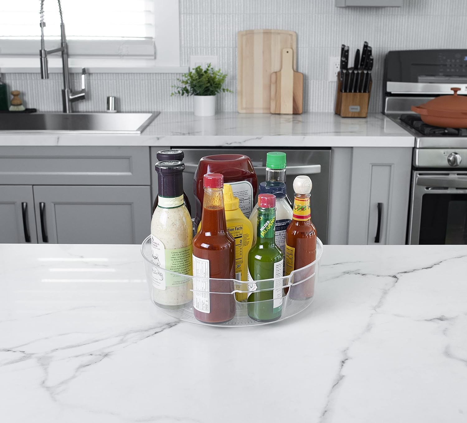 Kitchen Spaces Large Lazy Susan Organizer Bin, Pantry Rack or Deep Cabinet Turntable Shelf Storage, High Sides to Prevent Spills, BPA-Free Plastic, Clear and Sturdy with Full Spin