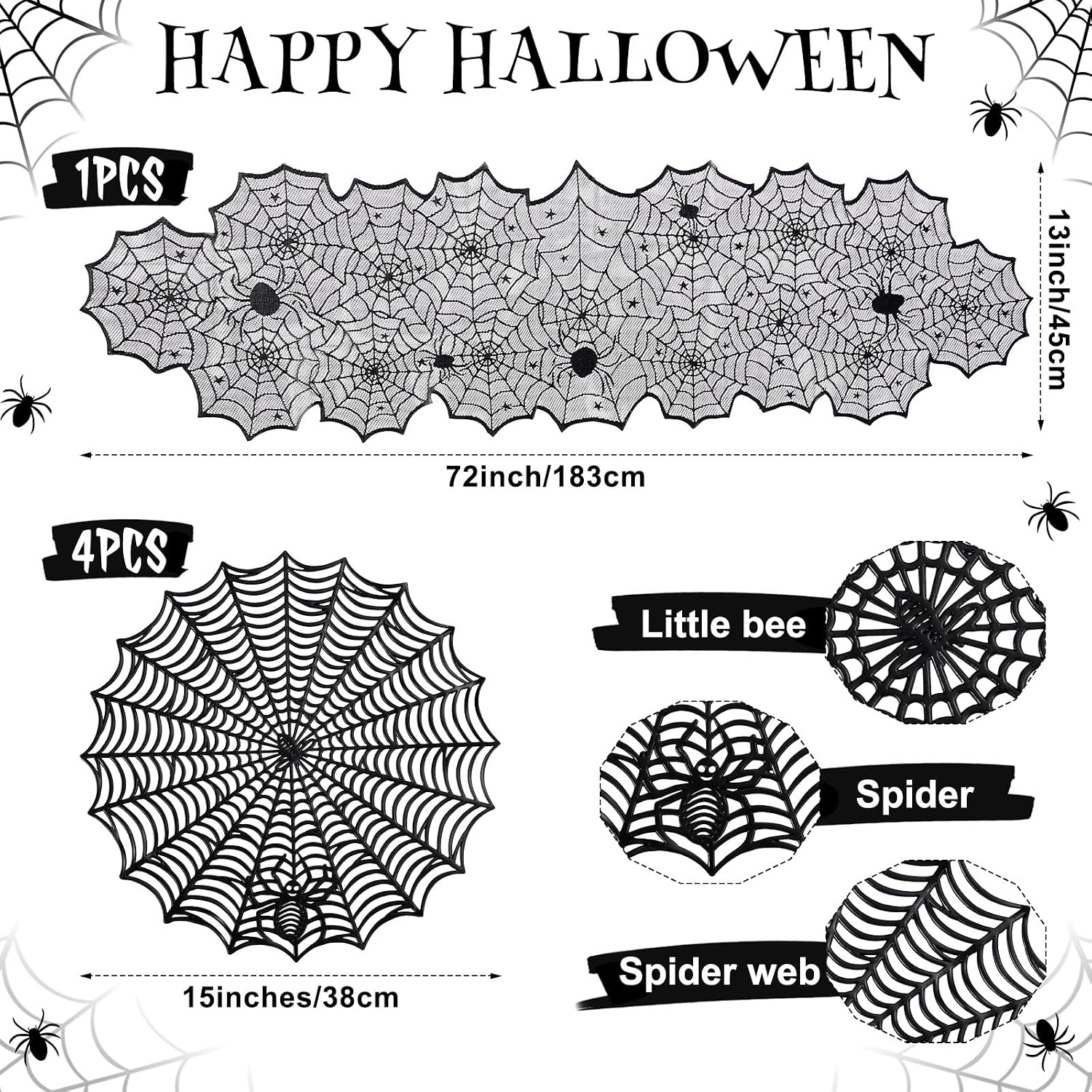 Tioncy 5 Pcs Spider Birthday Party Table Runner Placemat Set of 4/6, 15" Spider Web Placemats & Black Lace Spiderweb Table Runners Round Heat Insulation Place Mats for Birthday Party Decor Supplies