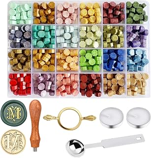 Wax Seal Stamp Kit - Sealing Wax Beads in 24 Colors with Personalized Letter Stamp,Steel Melting Spoon,Tea Candles and Round Molds – Perfect for Wedding Invitations,Envelopes(M)