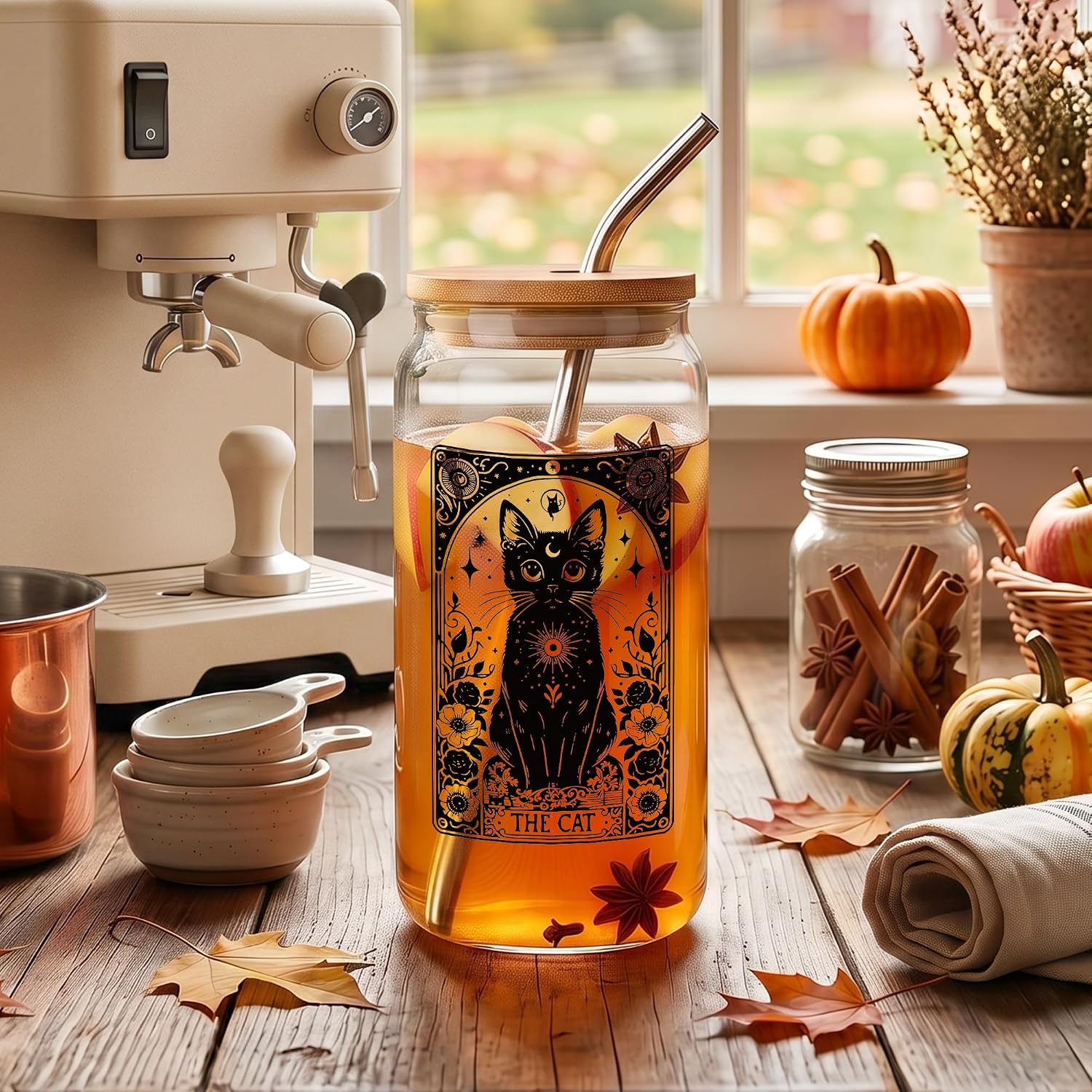 Black Cat Glass Cup Gift for Women, 16 Oz Gothic Iced Coffee Cup with Lid and Straw, Tarot Card Cat Witchy Halloween Gifts for Women, Cat Lover Coffee Tumbler for Boo Basket Stuffer