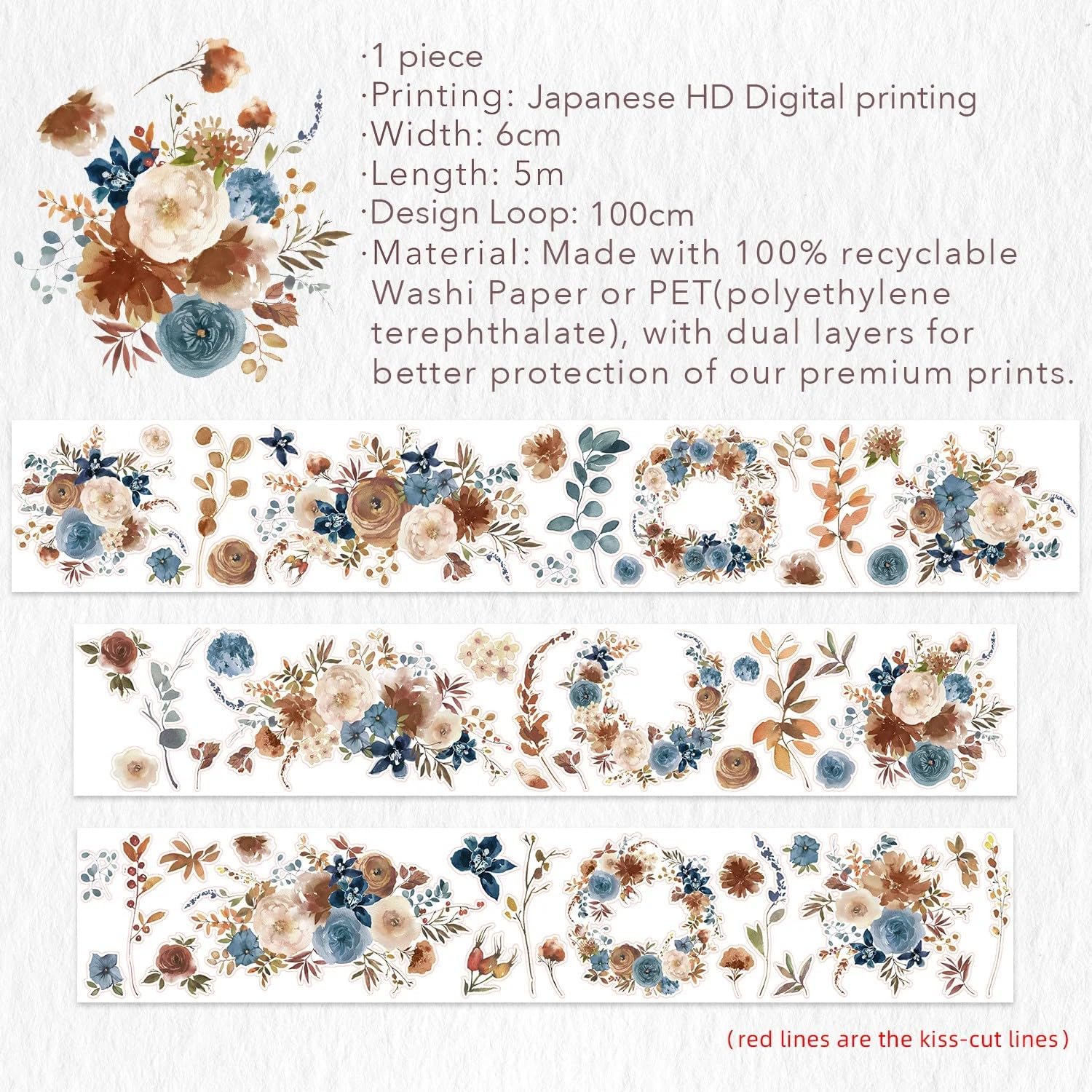 WT Pre-Cut Dusty Blue & Cinnamon Wide Washi Tape, 60mm Wide, Single Roll, Original Designs for Journaling, Bujo Planner Supplies, DIY Paper Crafts