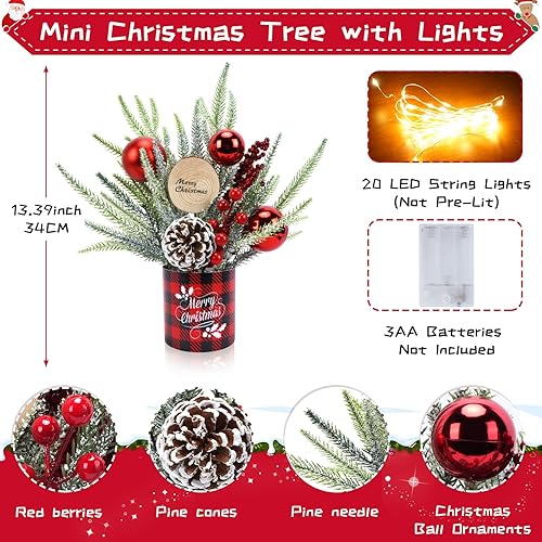 Miniatura 2 de GTIDEA Pequeño árbol de Navidad con luces, mini árbol de Navidad artificial de mesa de 13.4 pulgadas con adornos de bolas de Navidad, conos de pino