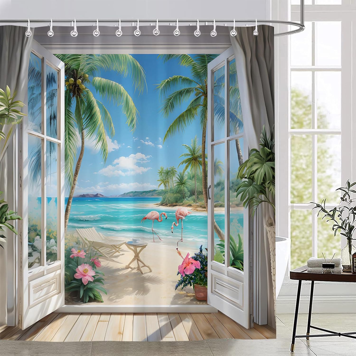 Seascape Shower Curtain Beach Tropical Palm Trees Ocean Flamingos Coastal Nature Landscape Bathroom Curtains Fabric Decor with Hooks 80X70 Inch