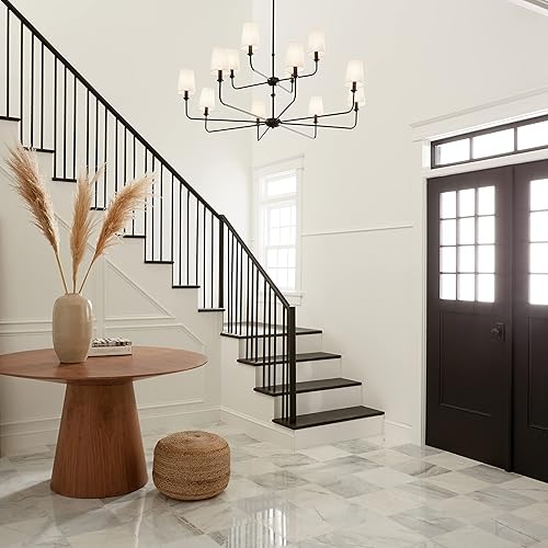 Vista 82 de Kichler Pallas 52517BK - Lámpara de techo de 8 luces en color negro, con persianas cónicas de lino opcionales para vestíbulo, sala de estar