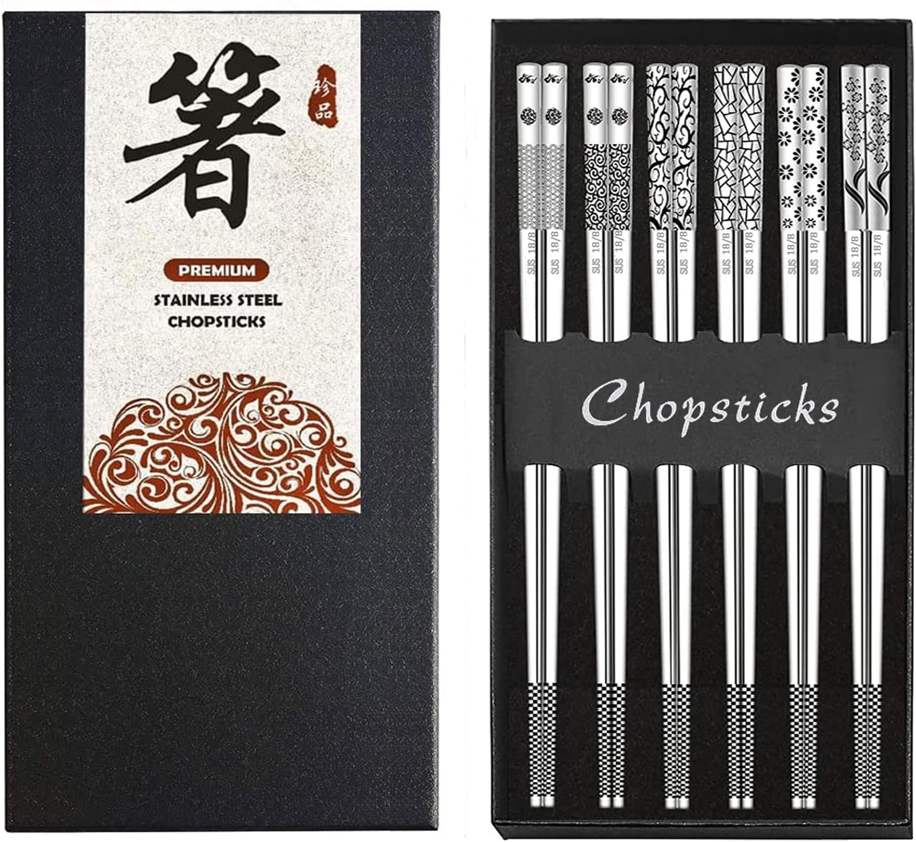 Metal Chopsticks 6 Pairs Stainless Steel Reusable Chopsticks Cute Laser Engraved Non-slip Korean Japanese ,18/8 Stainless steel Dishwasher Safe for Cooking Eating 9 1/4 Inches 6 Pairs