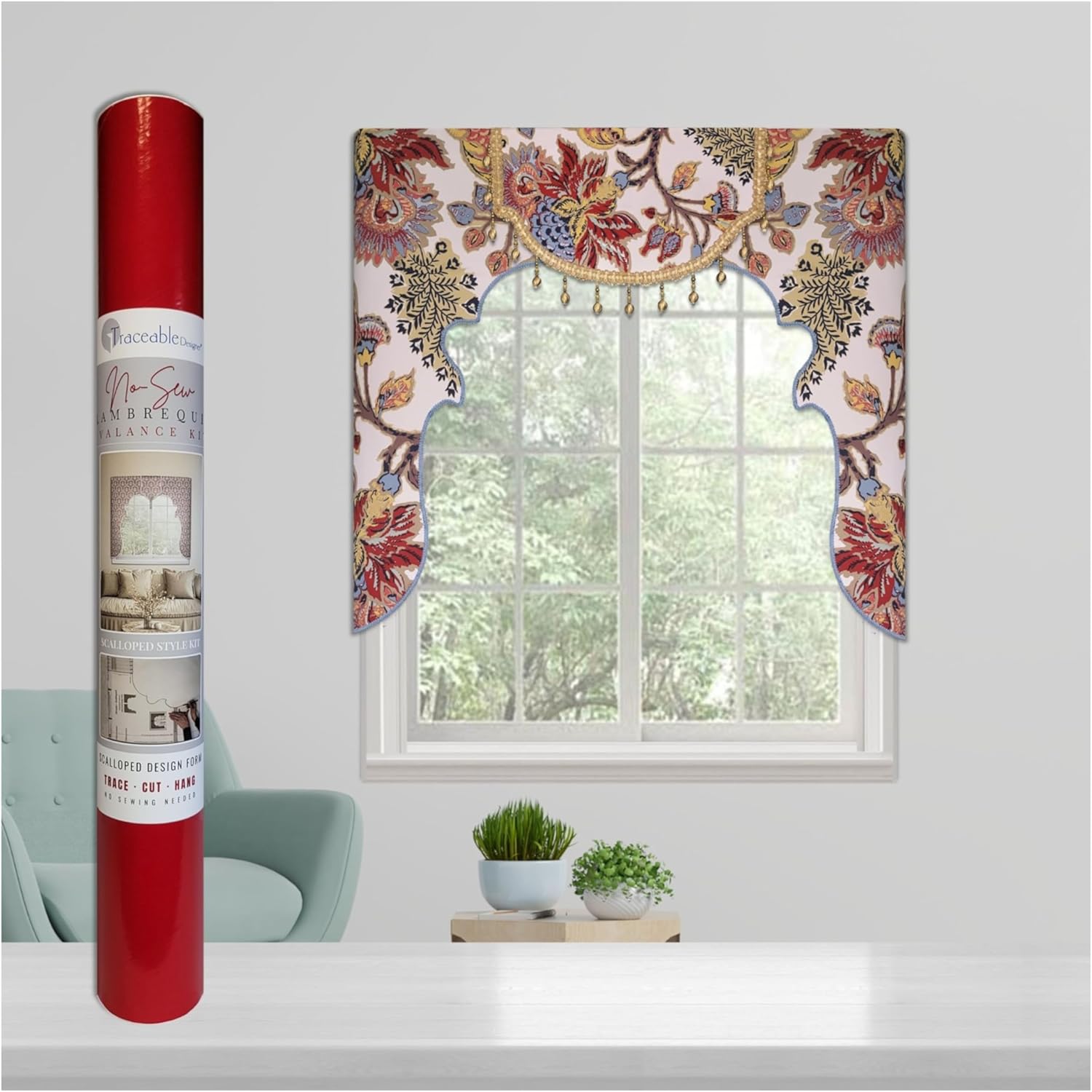 No-Sew Valance Kit | DIY Window Treatment | Ornate Scalloped Lambrequin Re-Imagined - Elegant Custom Valances in one Afternoon, No Sewing Needed | Fits Standard Curtain Rods