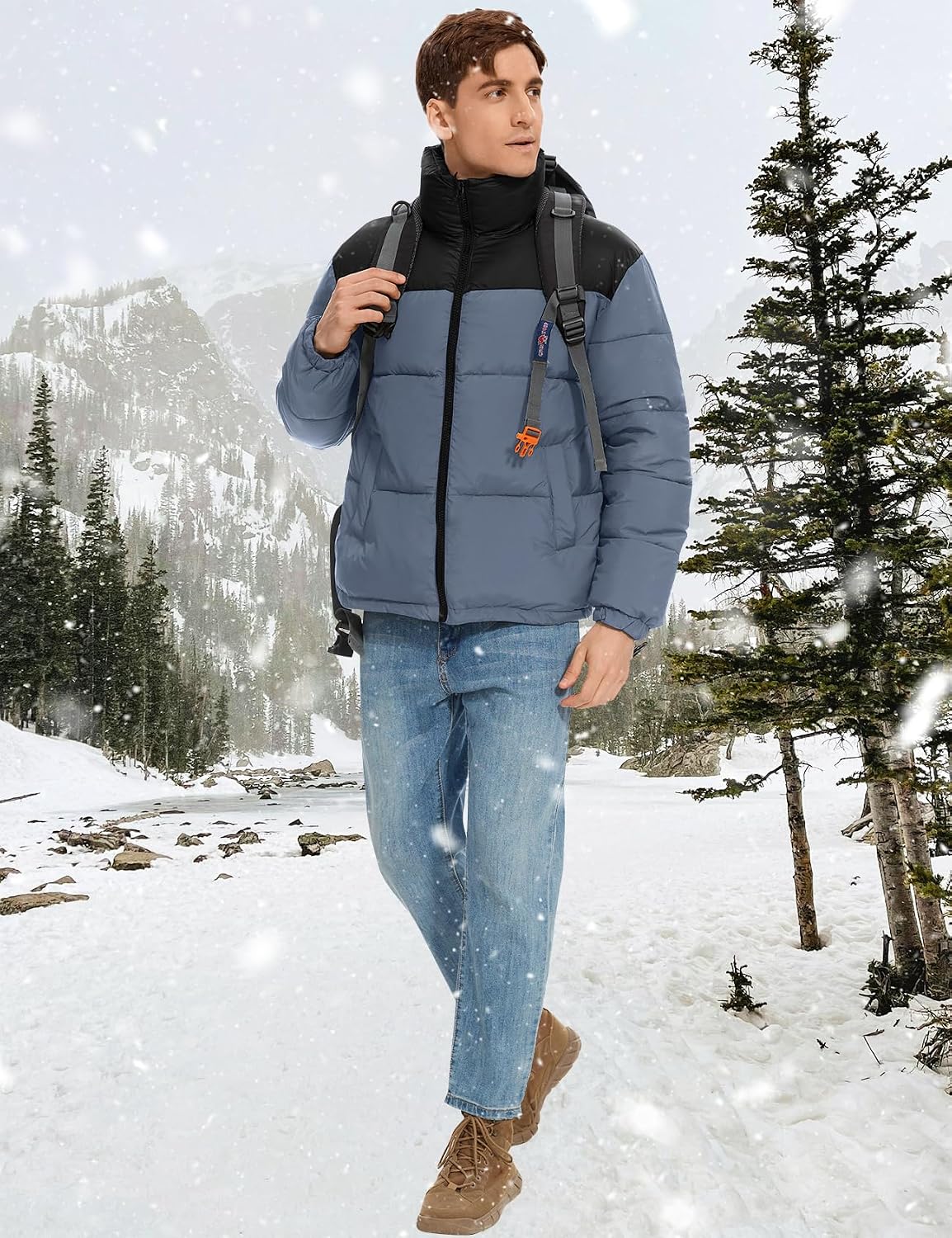PEHMEA Men’s Puffer Jacket Stand Collar Zipper Coat with Pockets Retro Bubble Outwear for Winter(GrayishBlue-M)